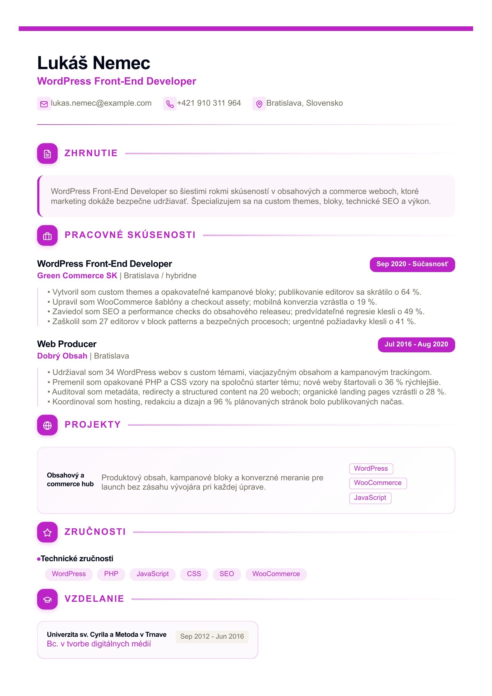 Životopis WordPress front-end developera - slovenský príklad