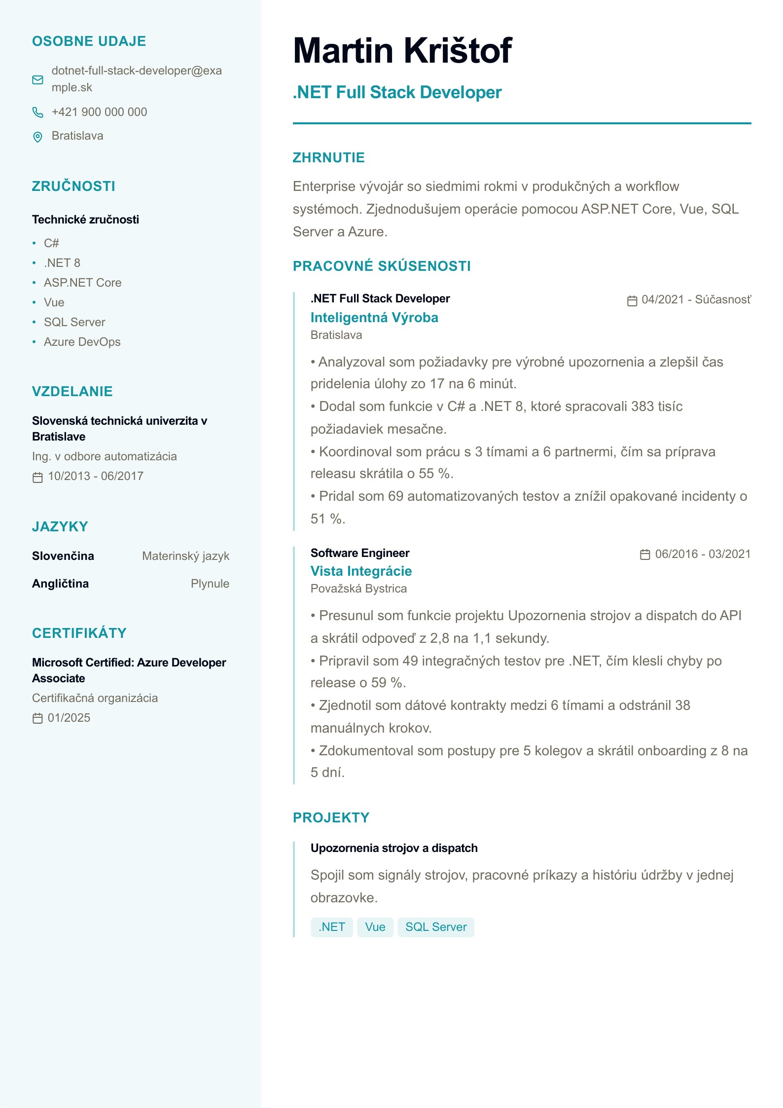 Životopis .NET Full Stack Developera - slovenský príklad