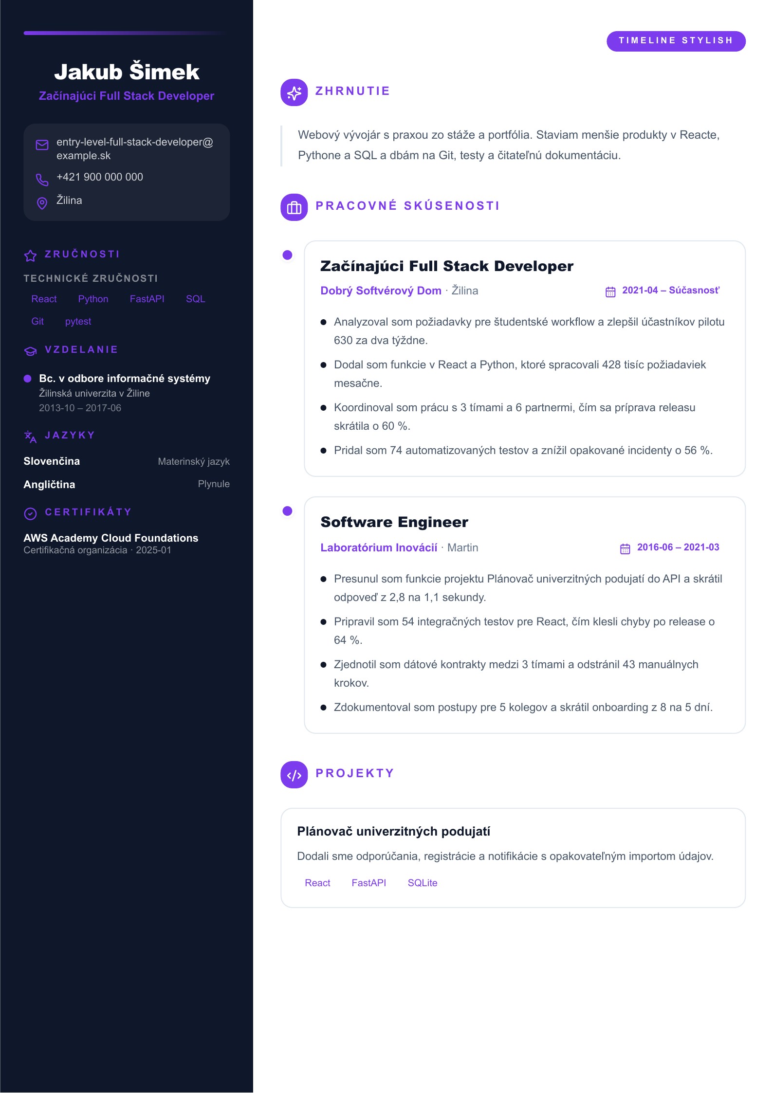 Životopis začínajúceho Full Stack Developera - slovenský príklad