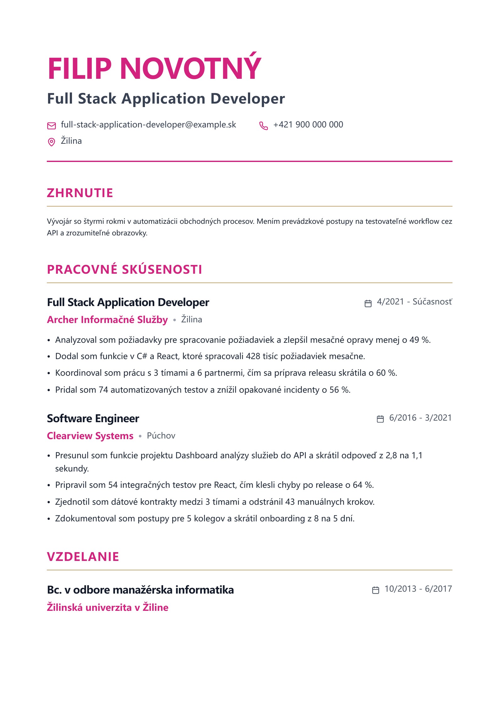 Životopis Full Stack Application Developera - slovenský príklad