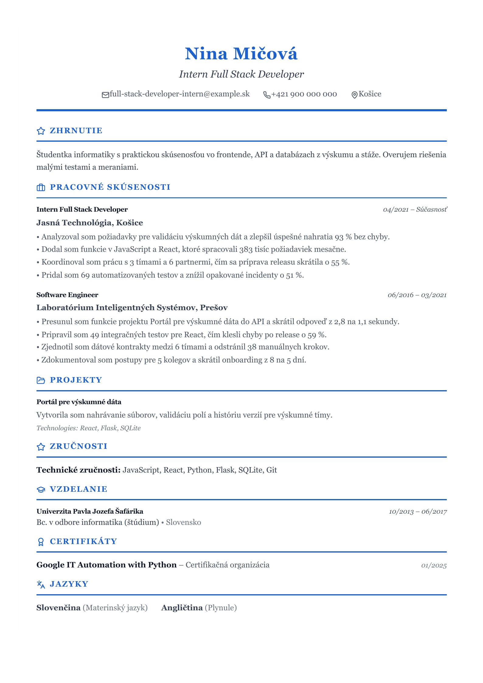 Životopis stážistu Full Stack Developera - slovenský príklad
