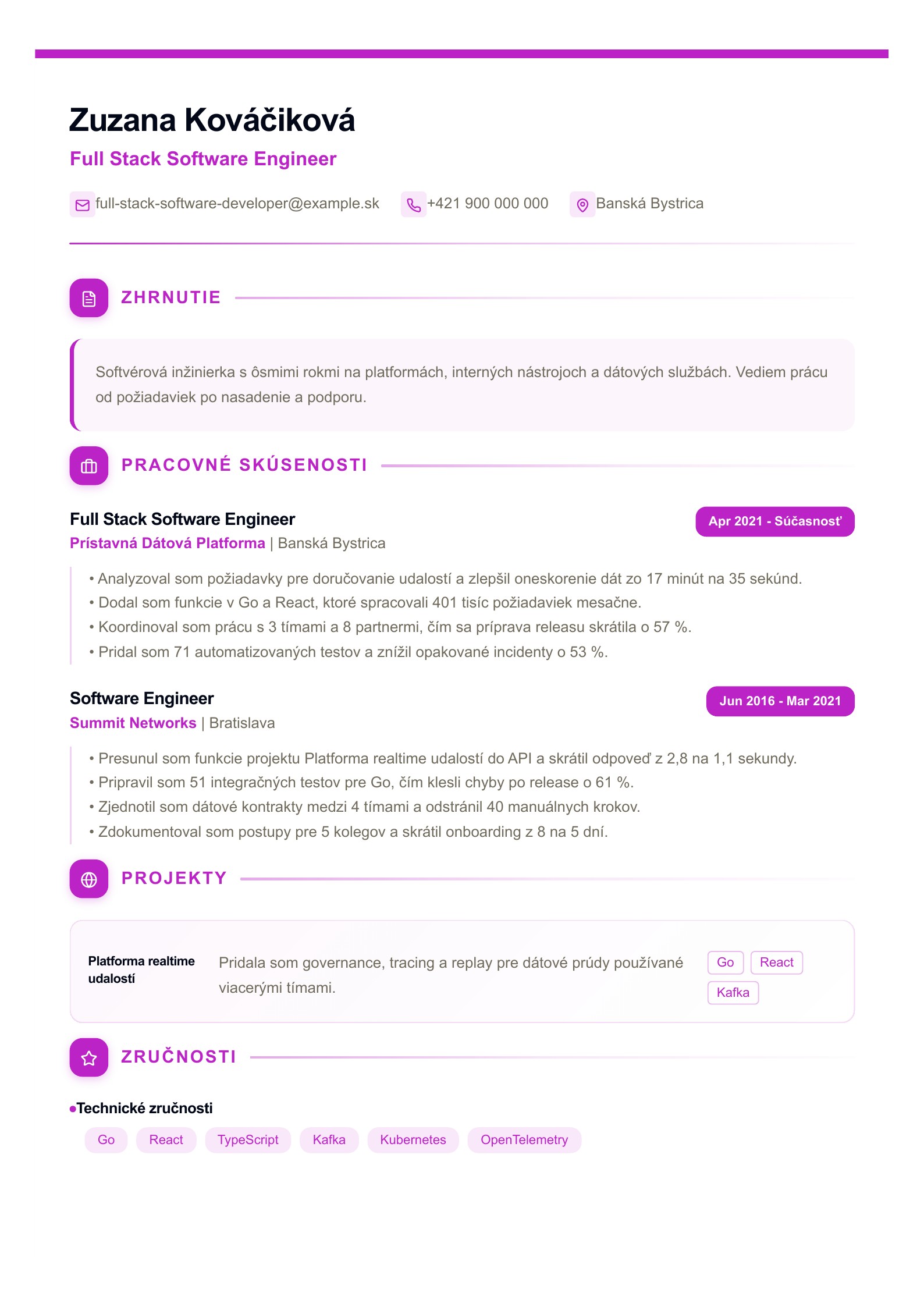 Životopis Full Stack Software Engineera - slovenský príklad
