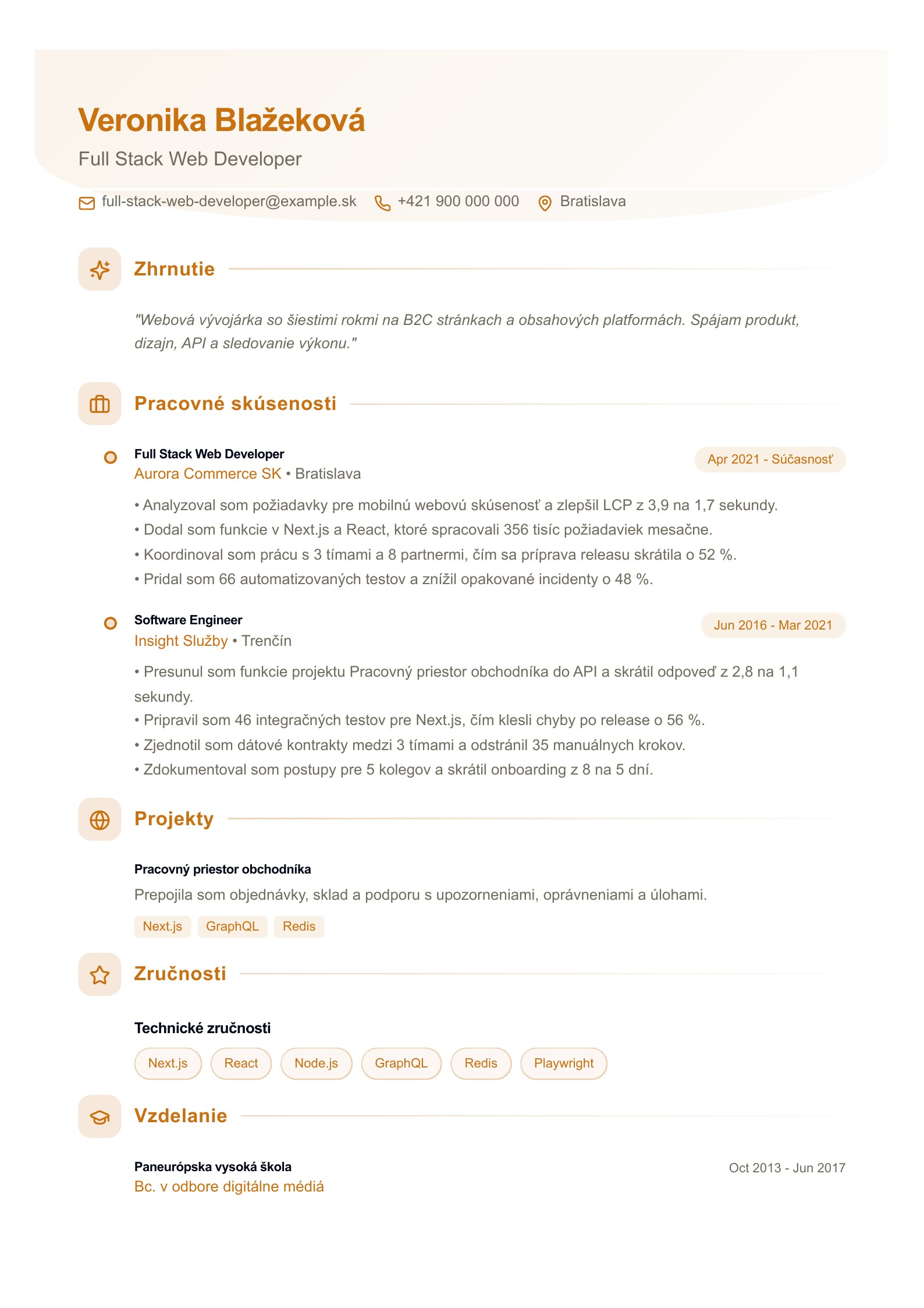 Životopis Full Stack Web Developera - slovenský príklad