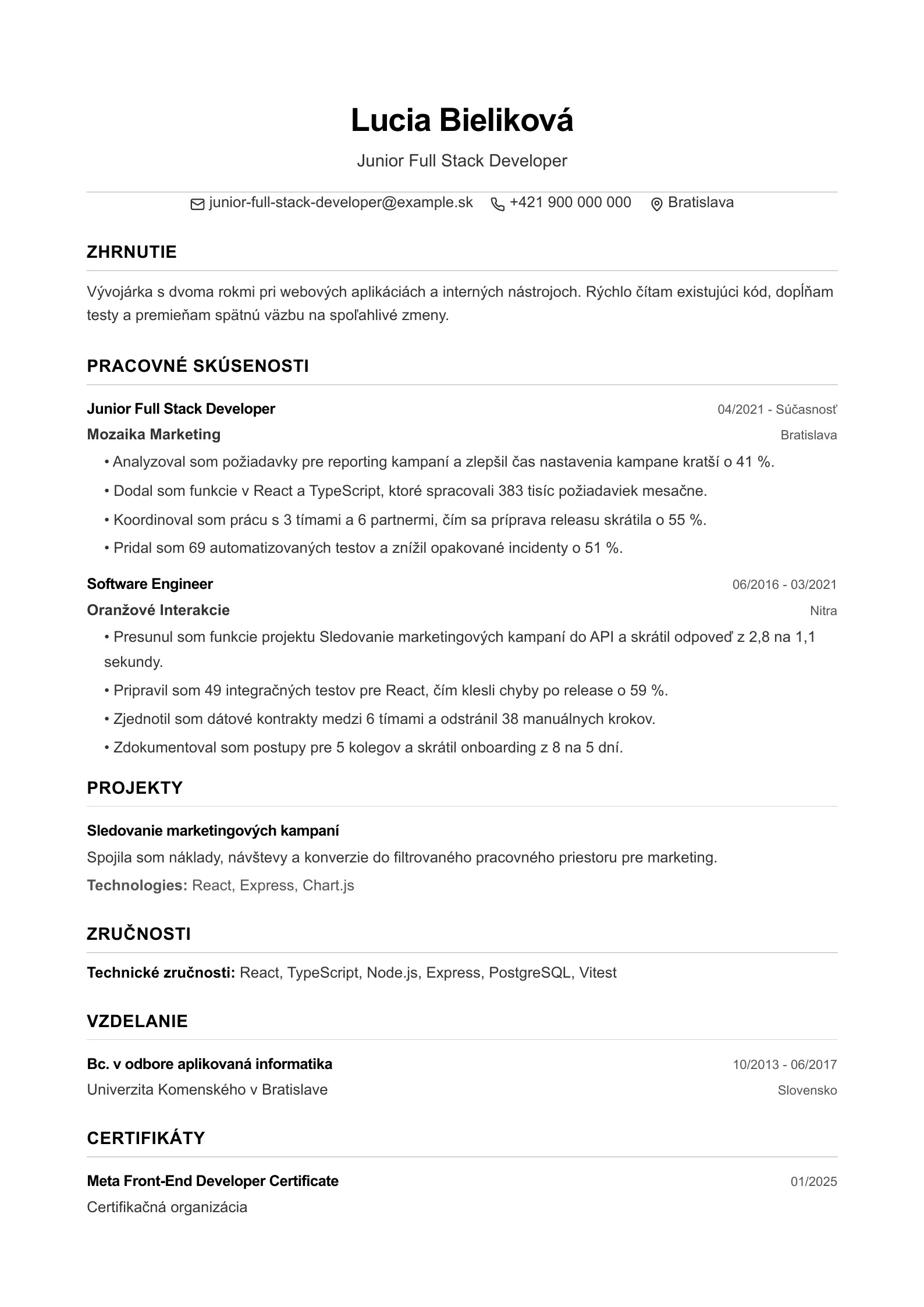 Životopis Junior Full Stack Developera - slovenský príklad