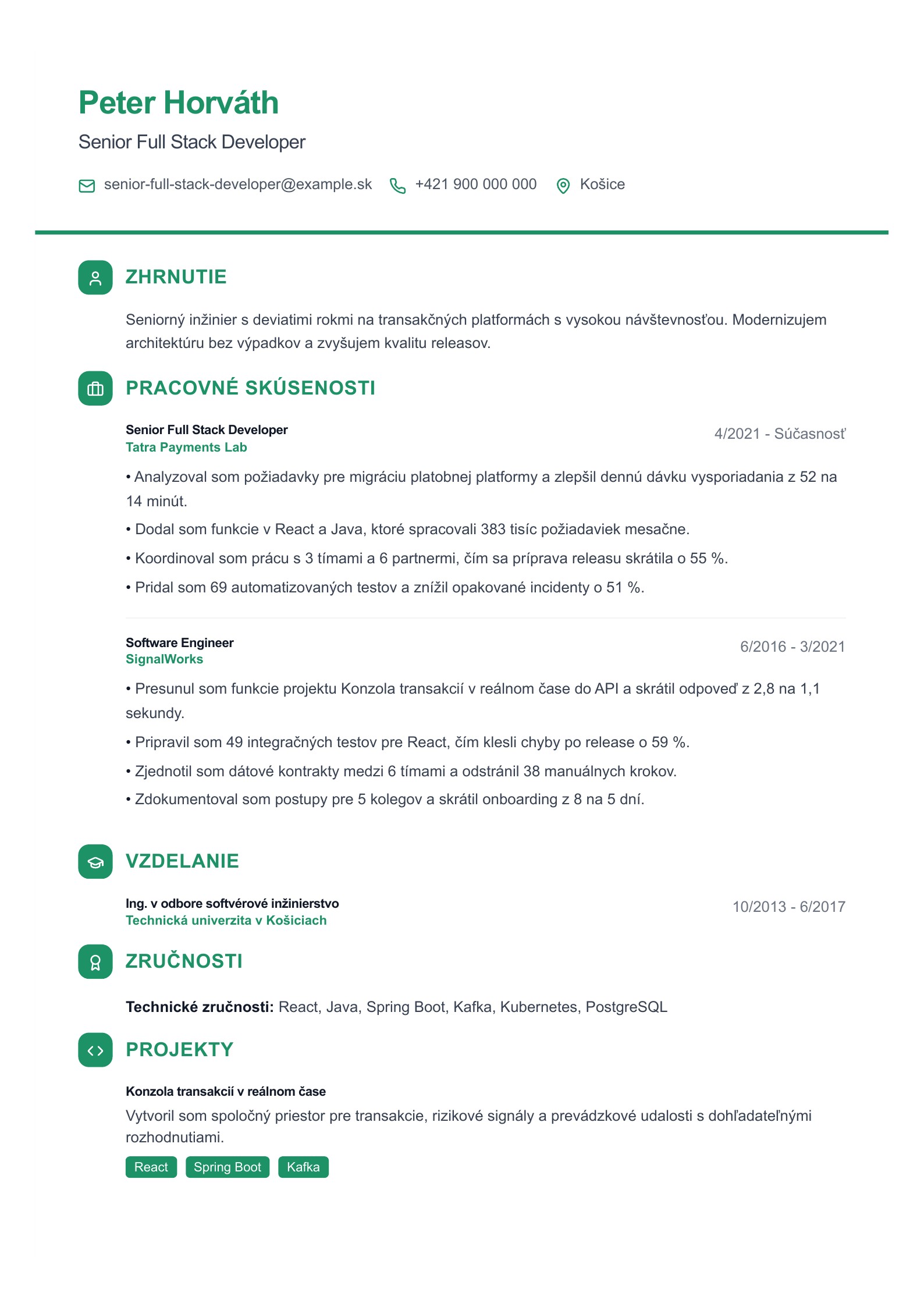 Životopis Senior Full Stack Developera - slovenský príklad