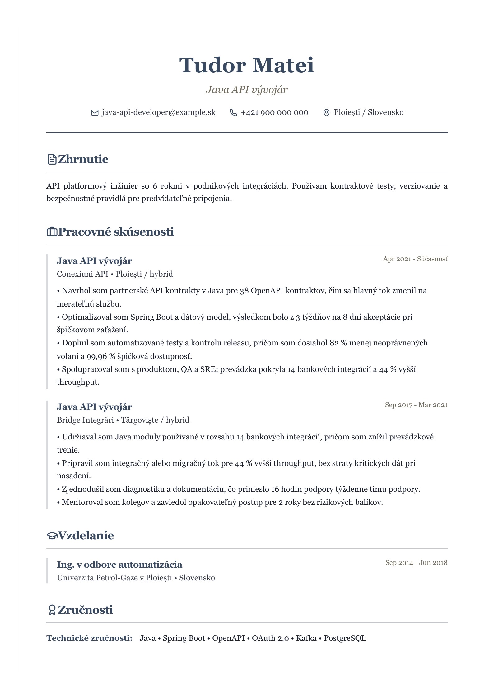 Životopis Java API vývojára - slovenský príklad