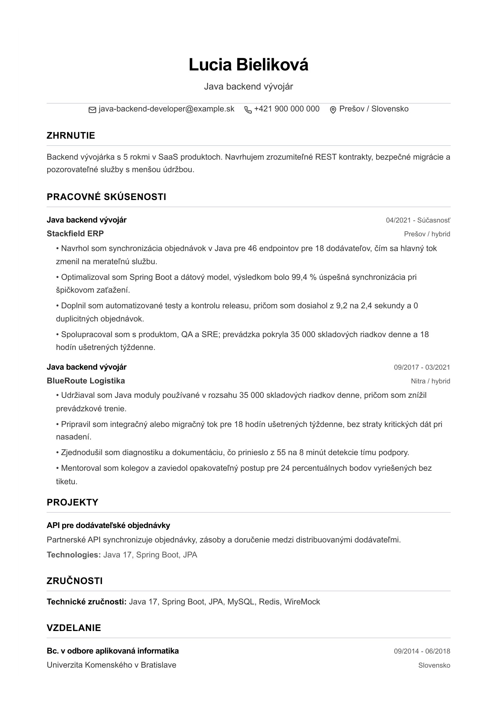 Životopis Java backend vývojára - slovenský príklad
