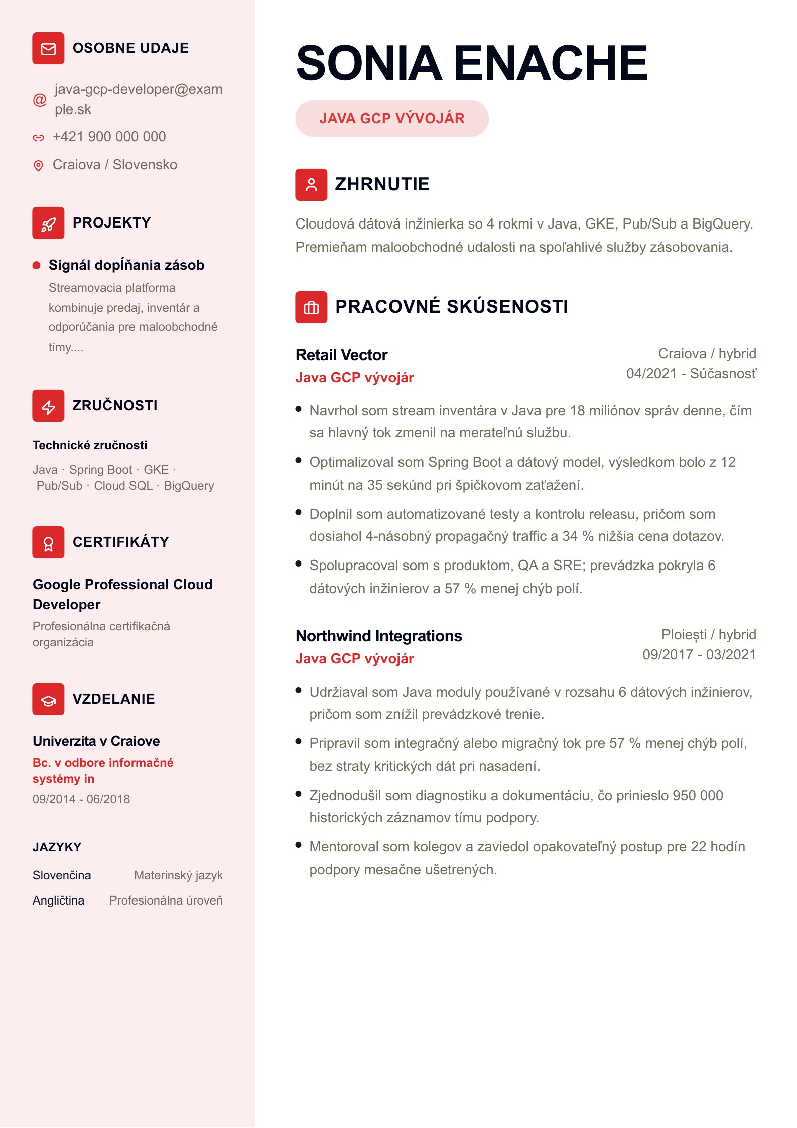 Životopis Java GCP vývojára - slovenský príklad