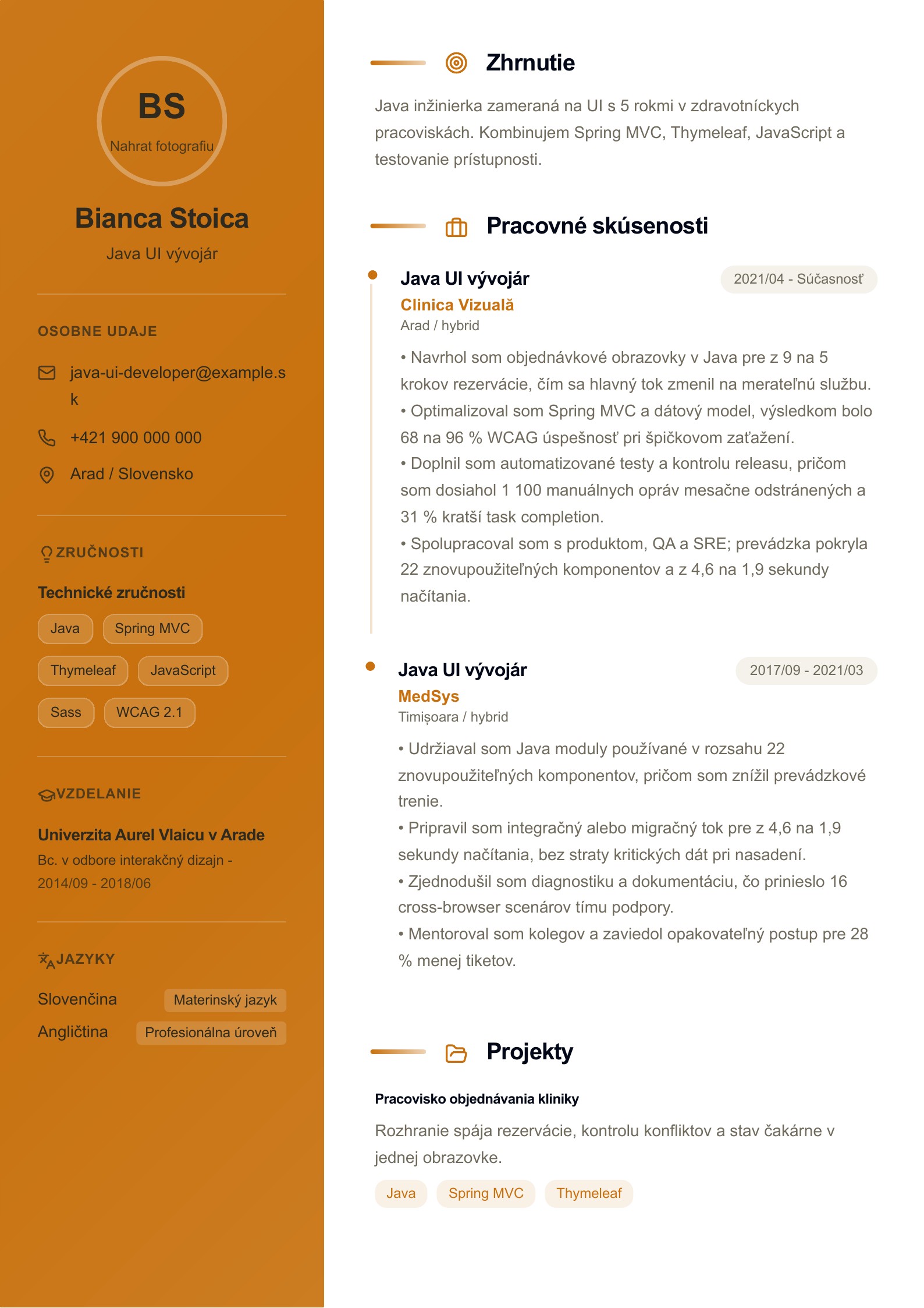 Životopis Java UI vývojára - slovenský príklad