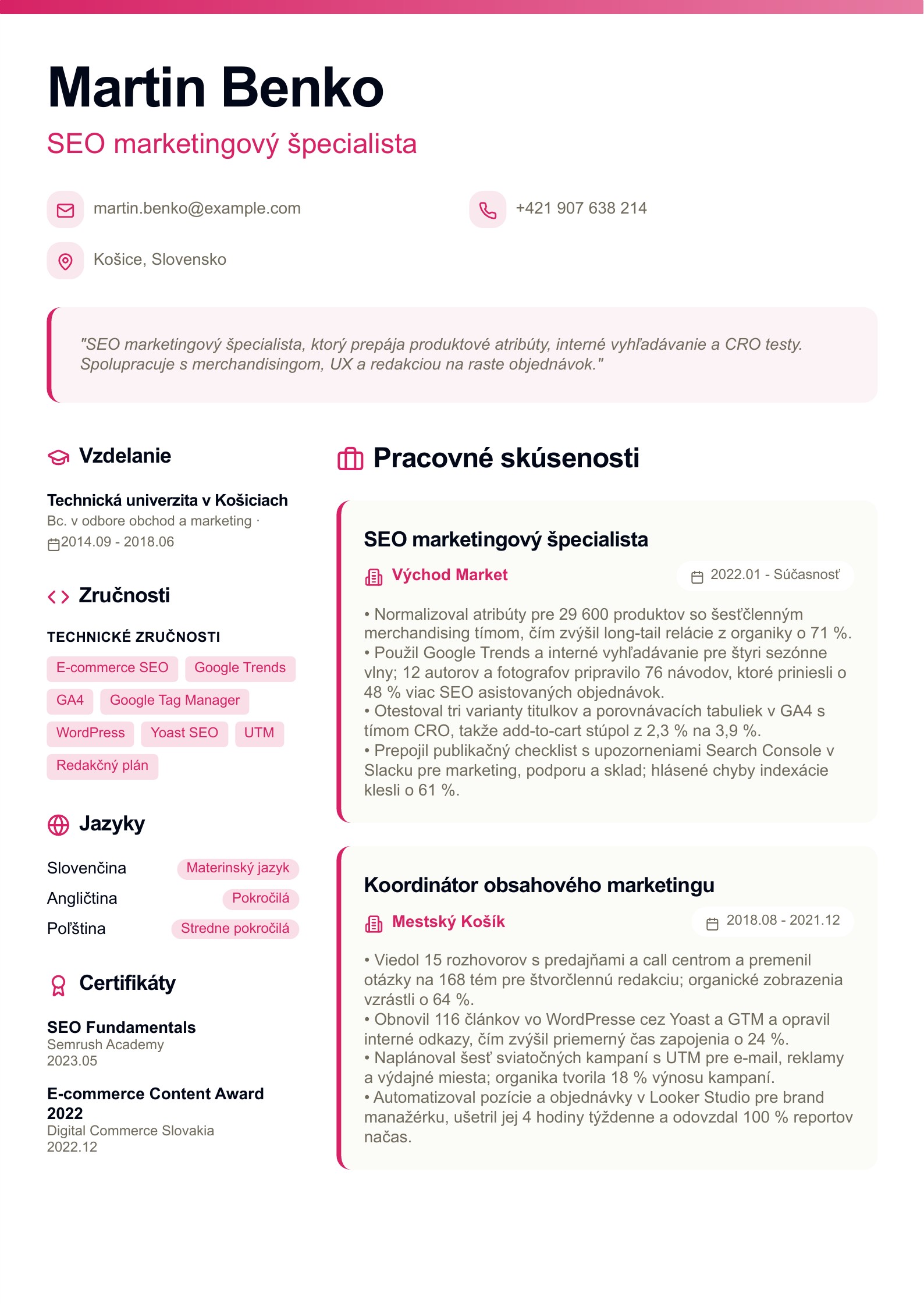 SEO marketingový špecialista - slovenský príklad