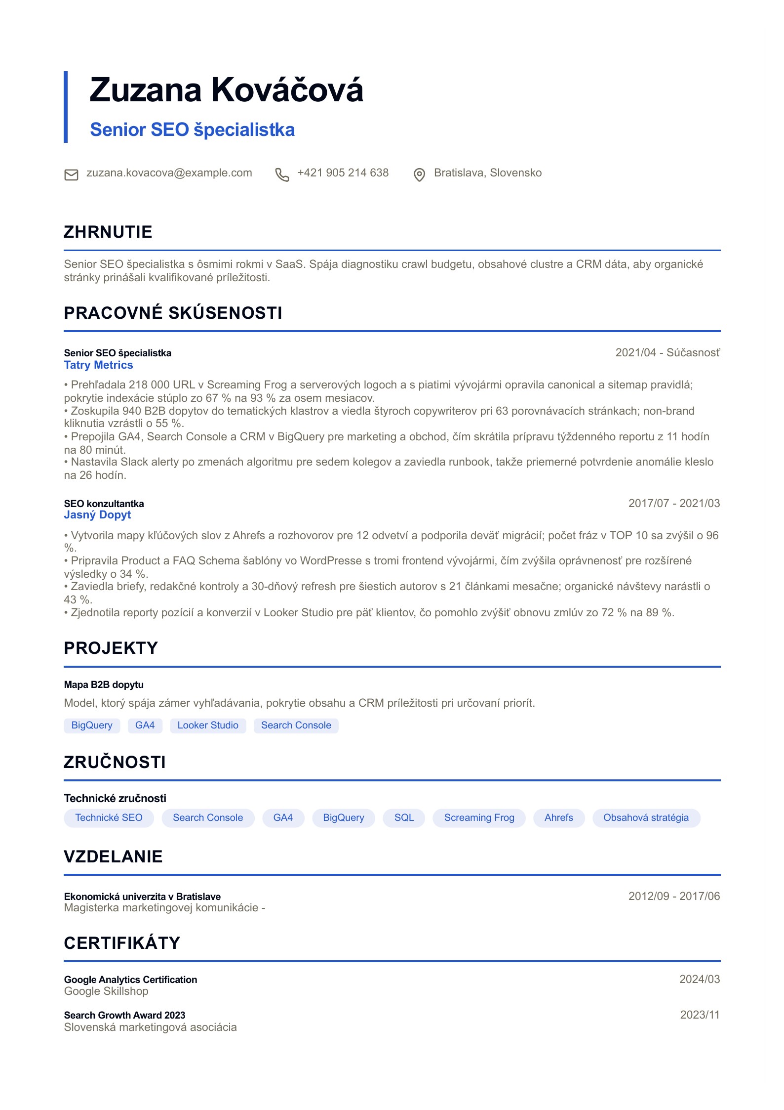 SEO životopis - slovenský príklad