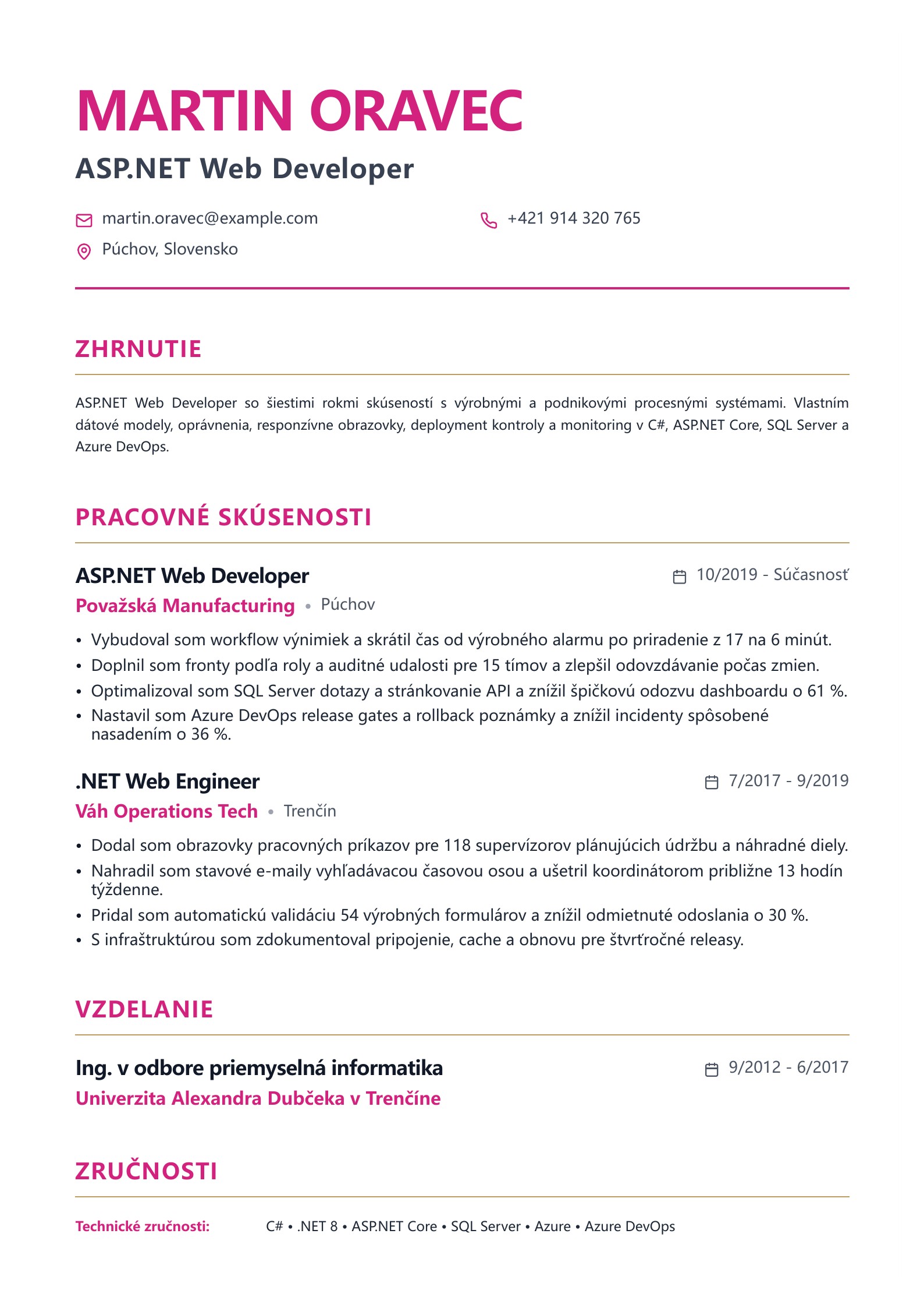 Životopis ASP.NET Web Developera - slovenský príklad
