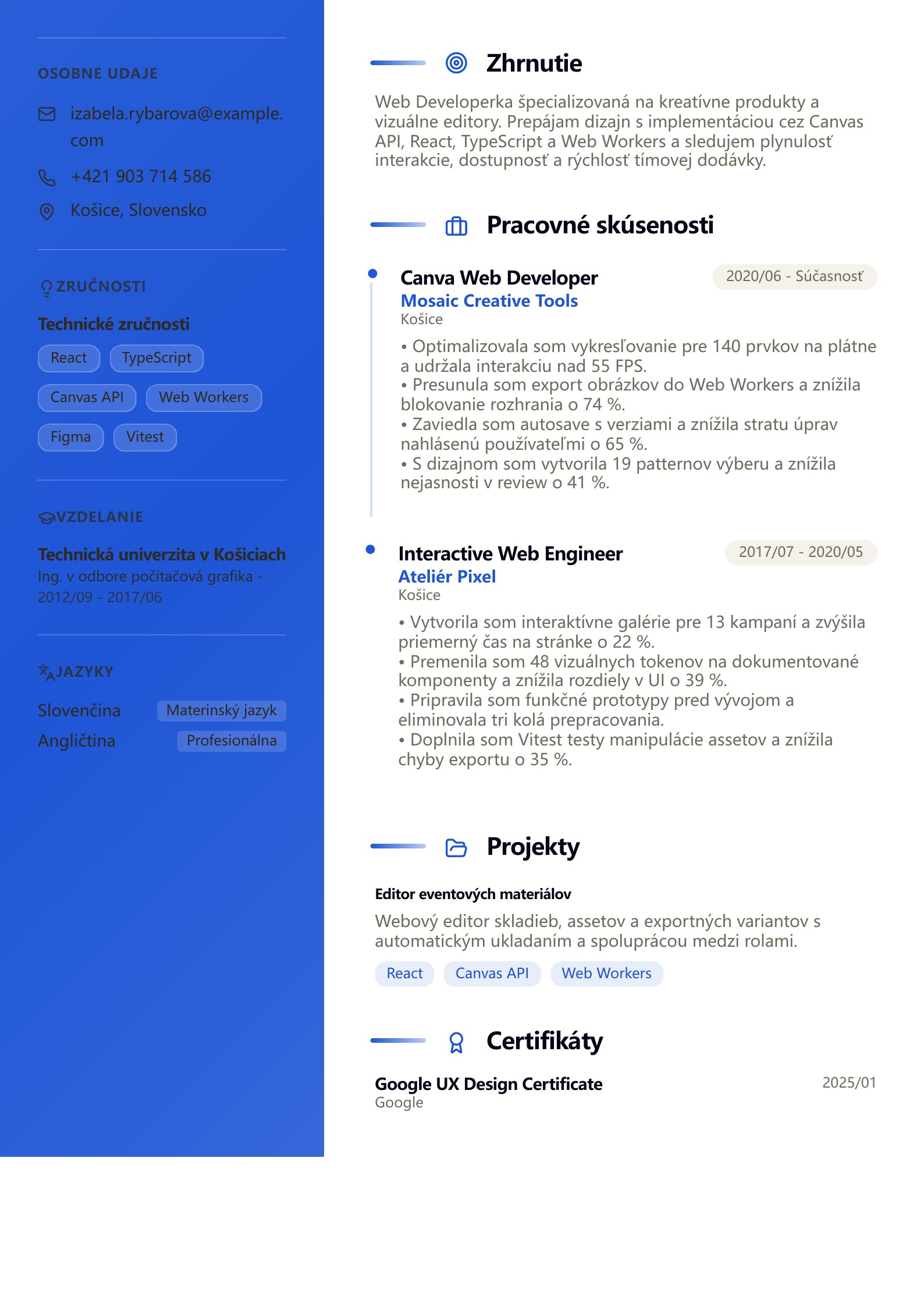 Životopis Canva Web Developera - slovenský príklad