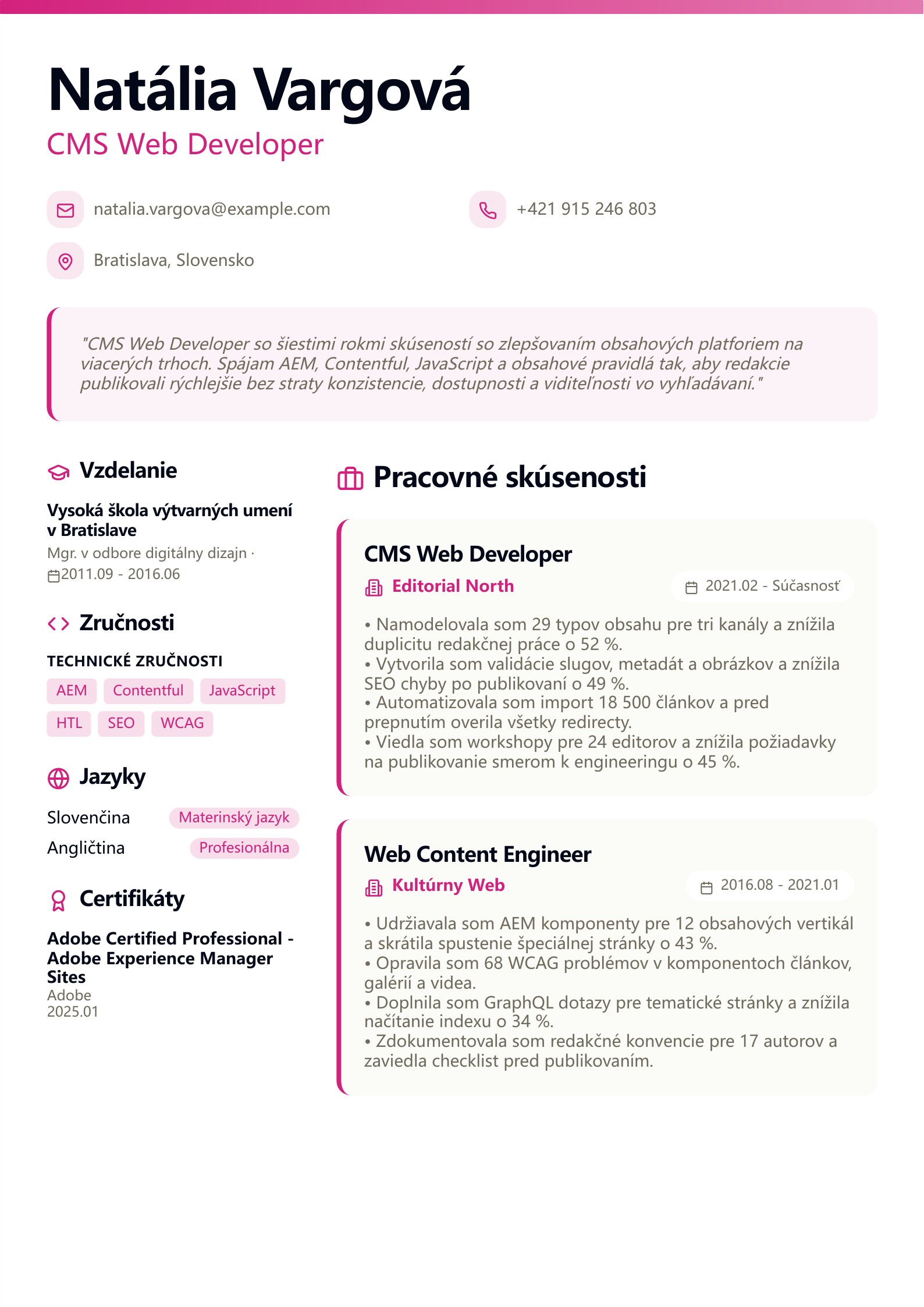 Životopis CMS Web Developera - slovenský príklad