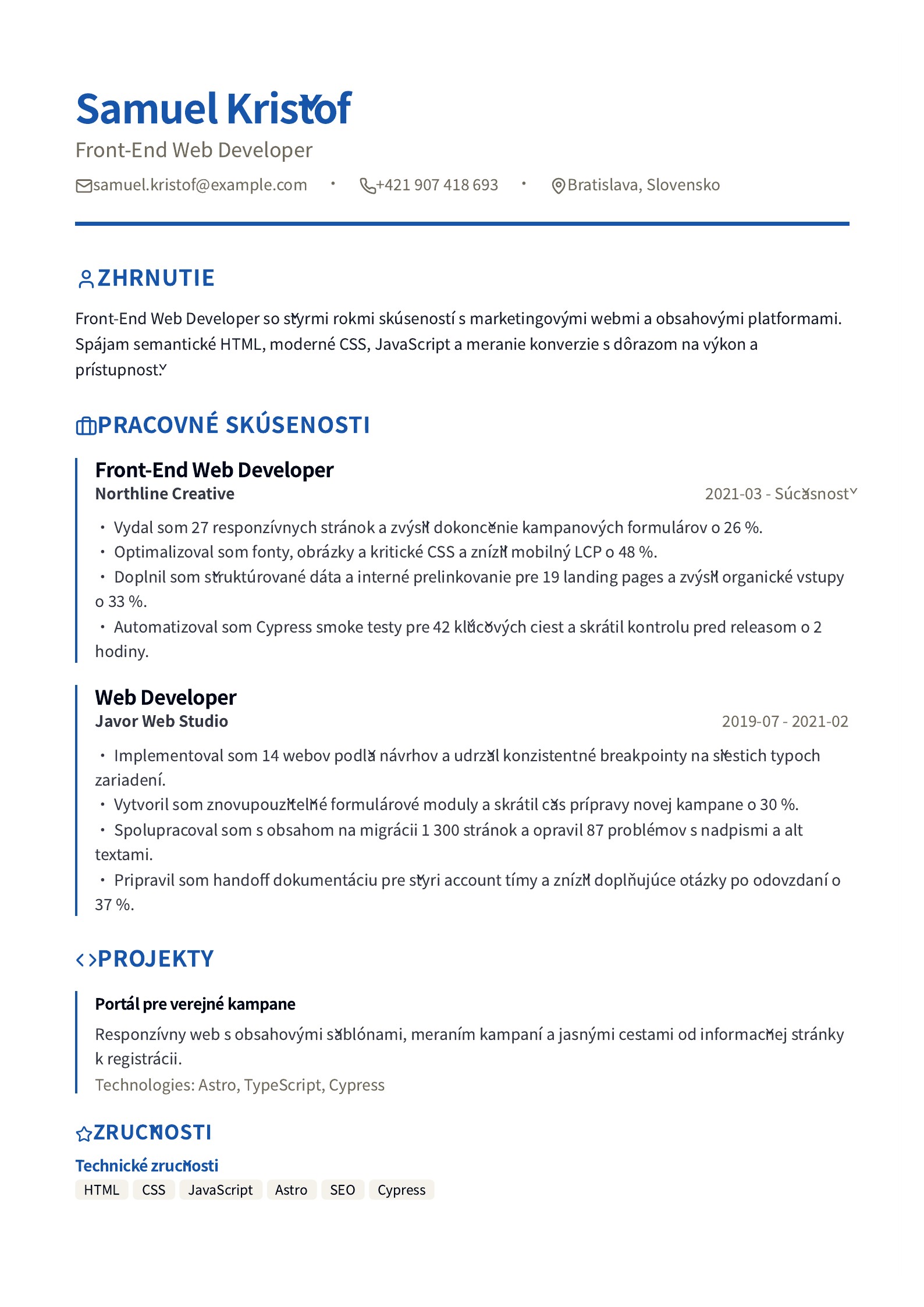 Životopis Front-End Web Developera - slovenský príklad
