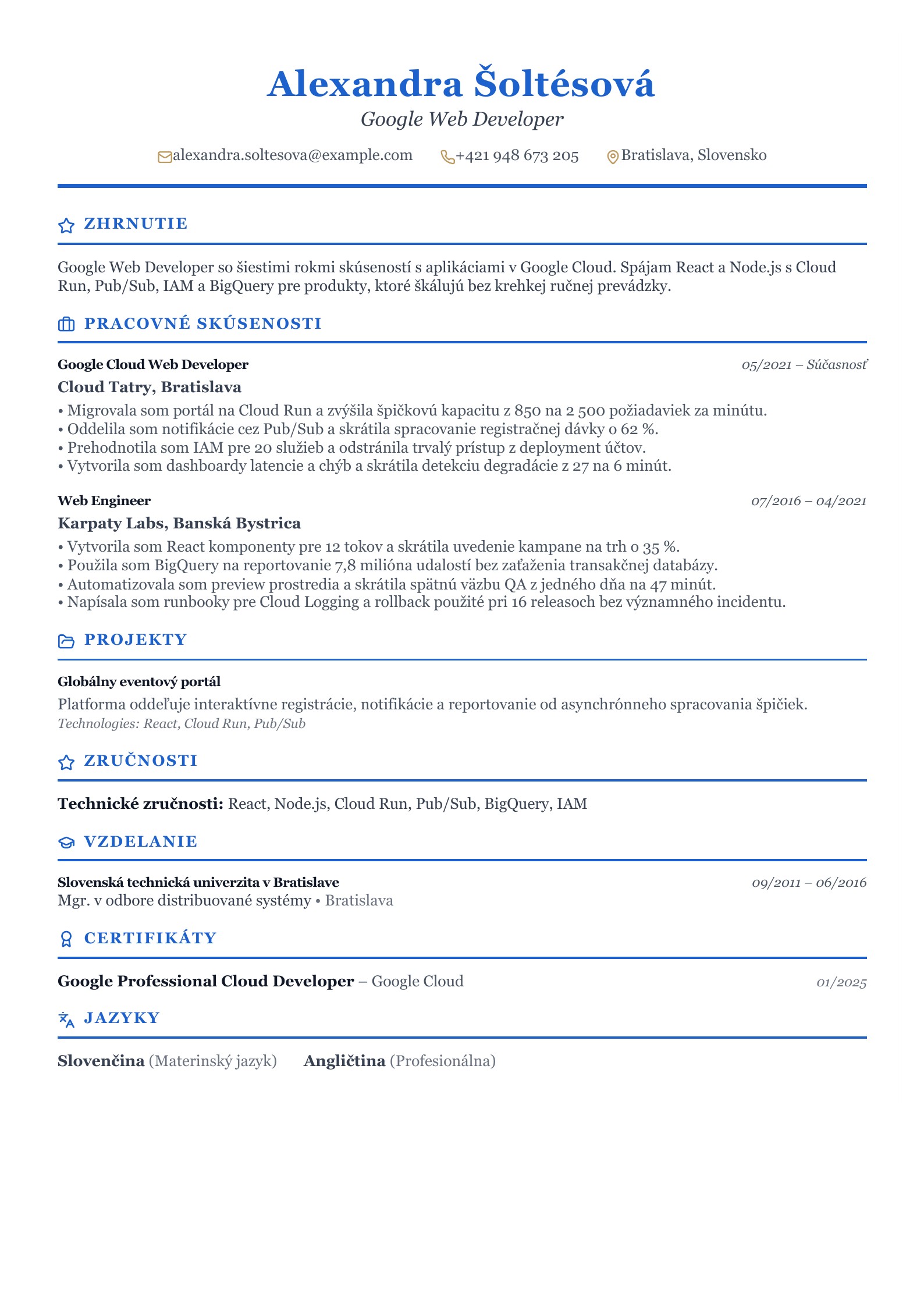 Životopis Google Web Developera - slovenský príklad