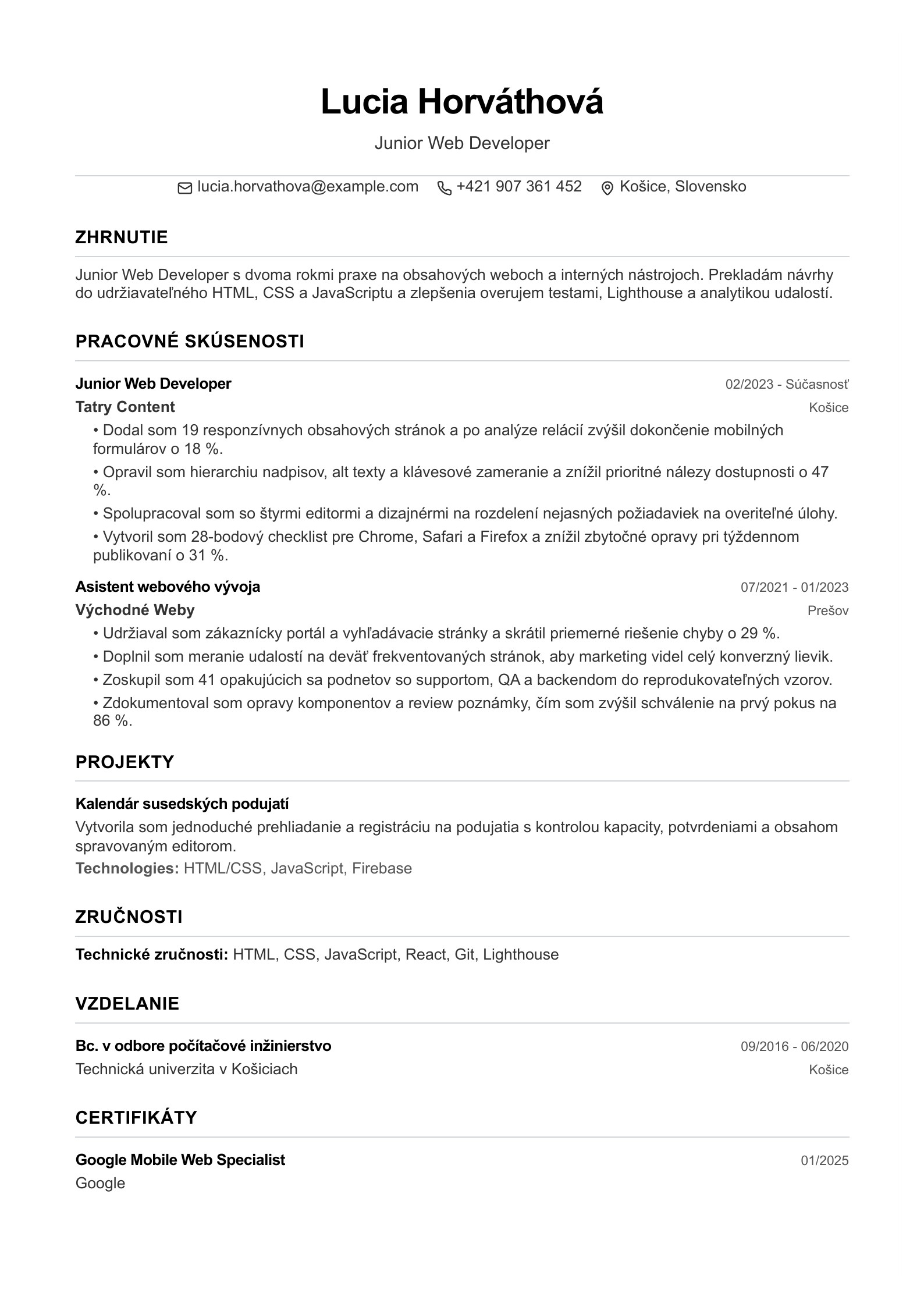 Životopis Junior Web Developera - slovenský príklad