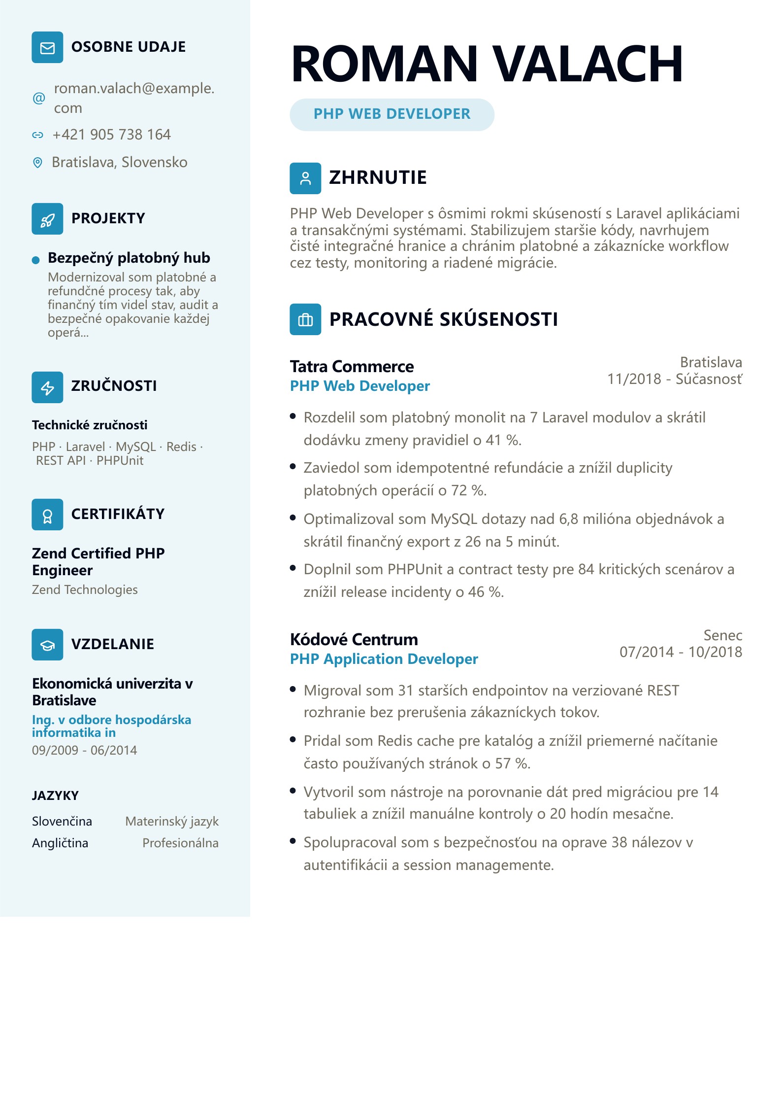 Životopis PHP Web Developera - slovenský príklad
