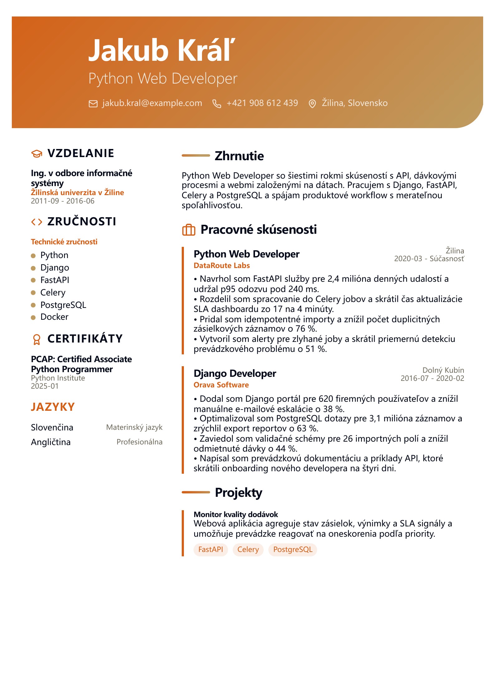 Životopis Python Web Developera - slovenský príklad