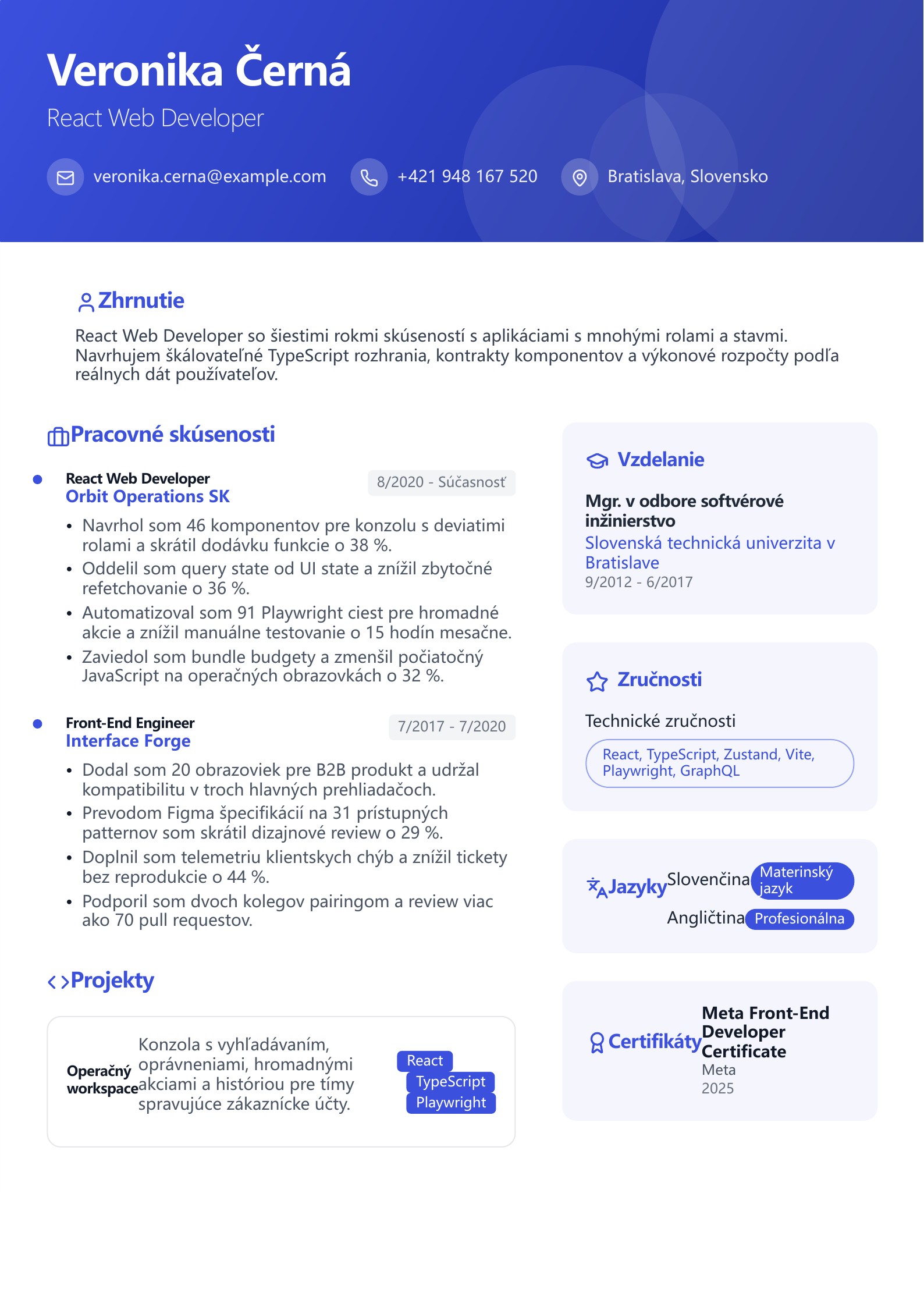 Životopis React Web Developera - slovenský príklad