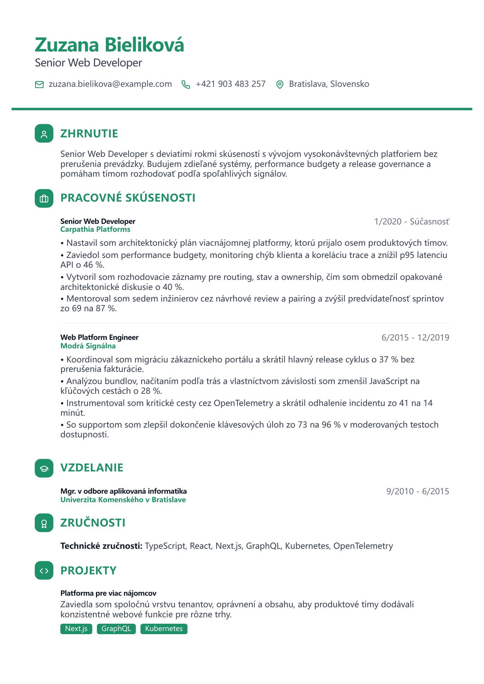 Životopis Senior Web Developera - slovenský príklad