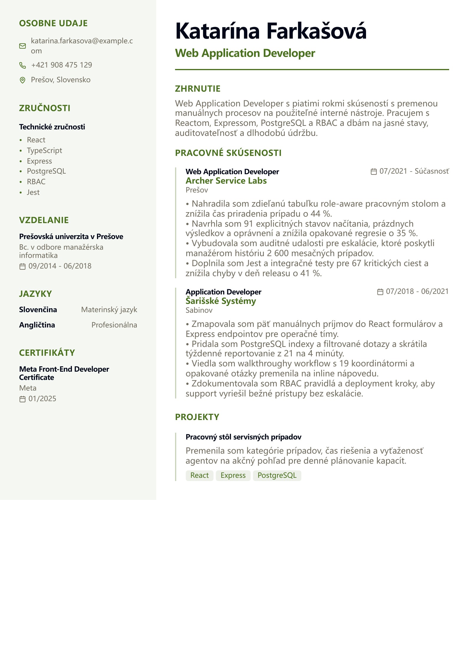 Životopis Web Application Developera - slovenský príklad