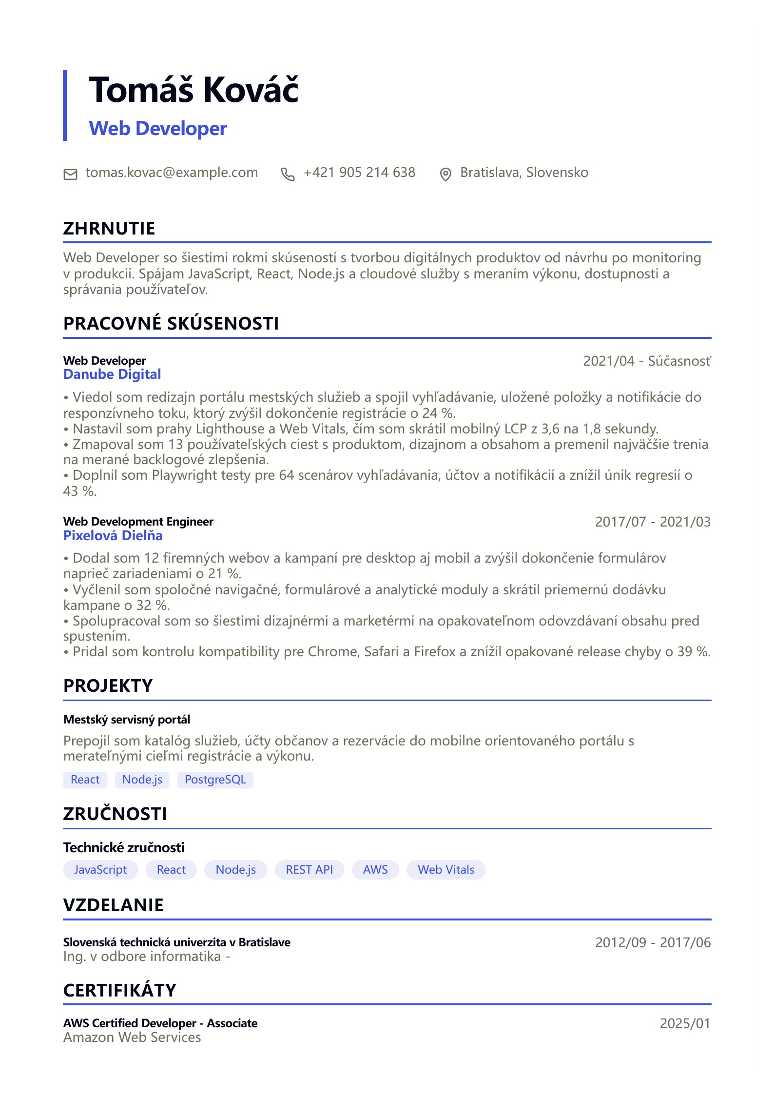 Životopis Web Developera - slovenský príklad