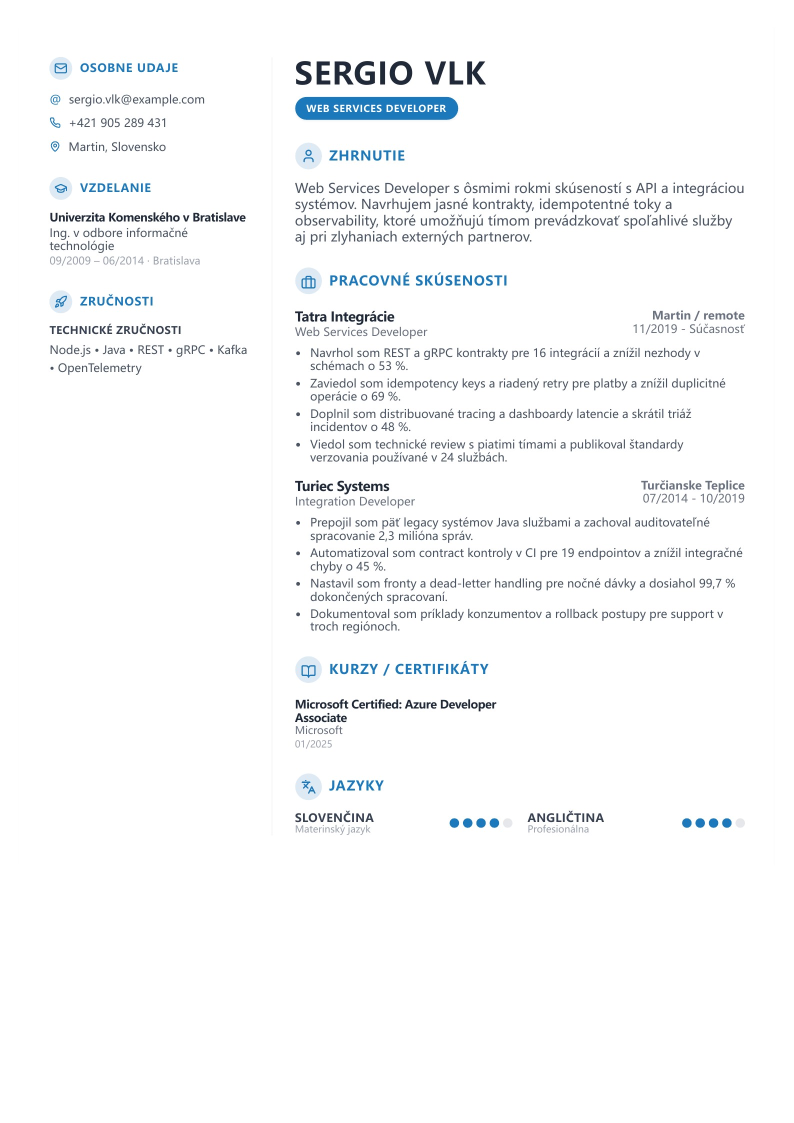 Životopis Web Services Developera - slovenský príklad