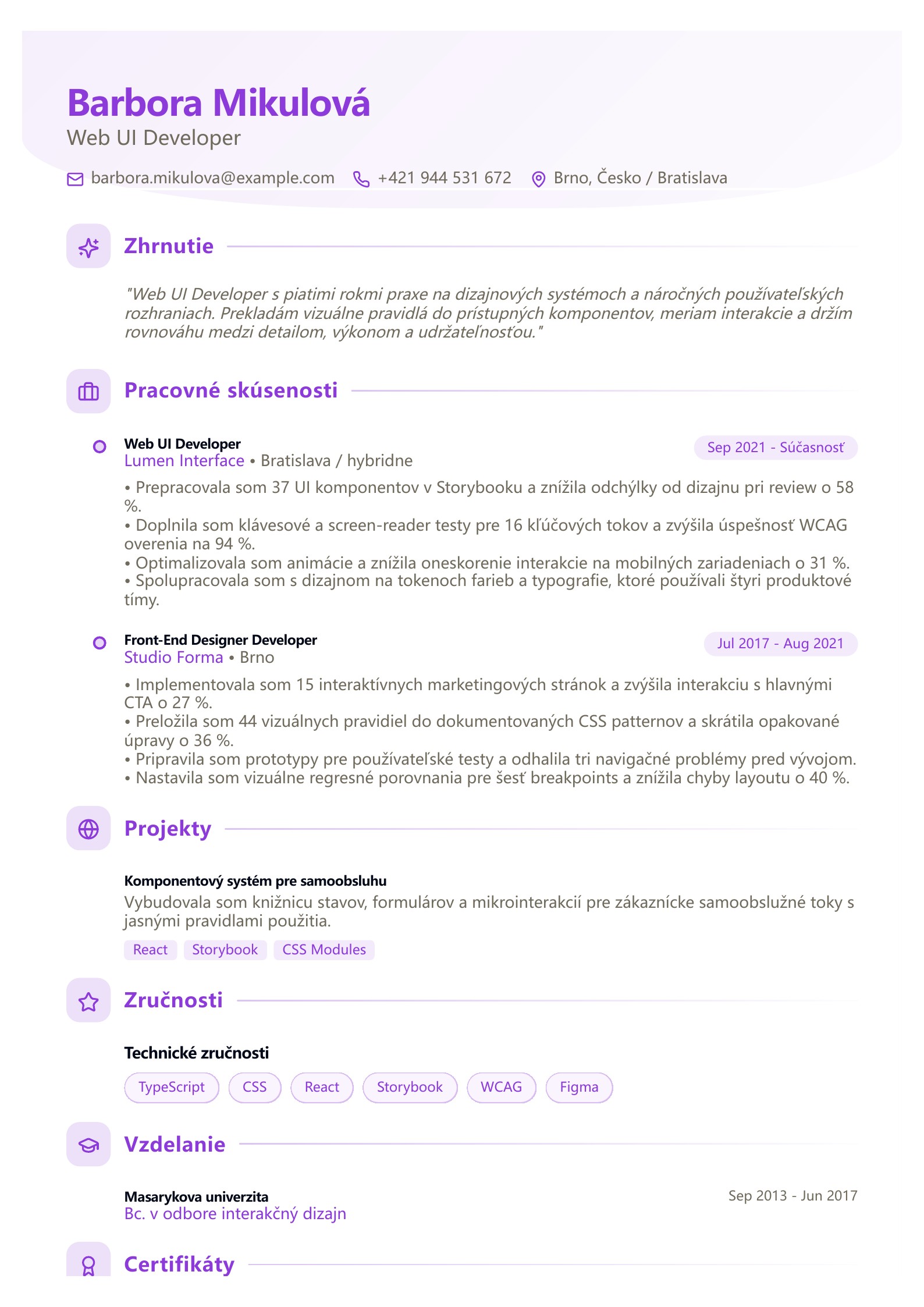 Životopis Web UI Developera - slovenský príklad