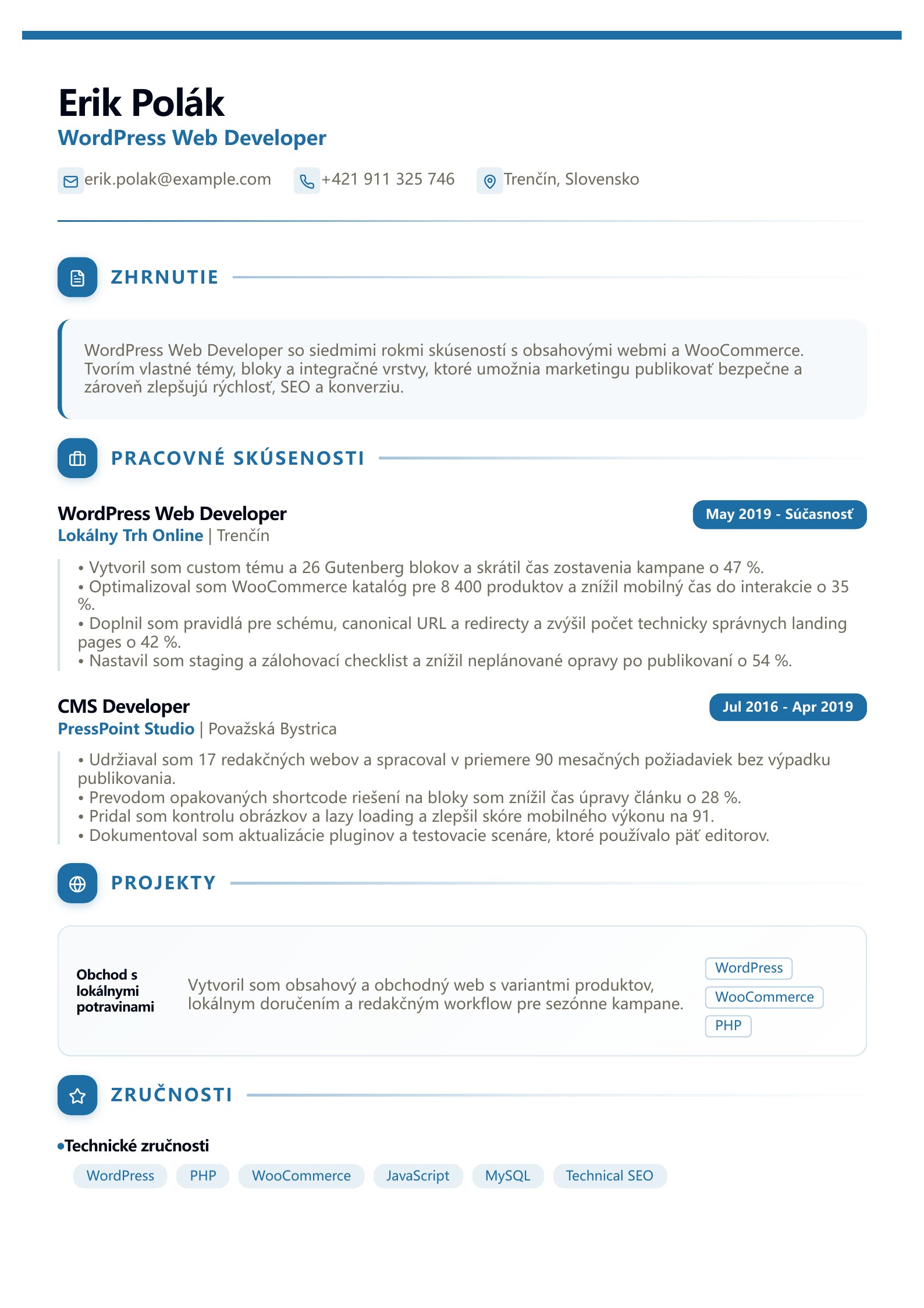 Životopis WordPress Web Developera - slovenský príklad