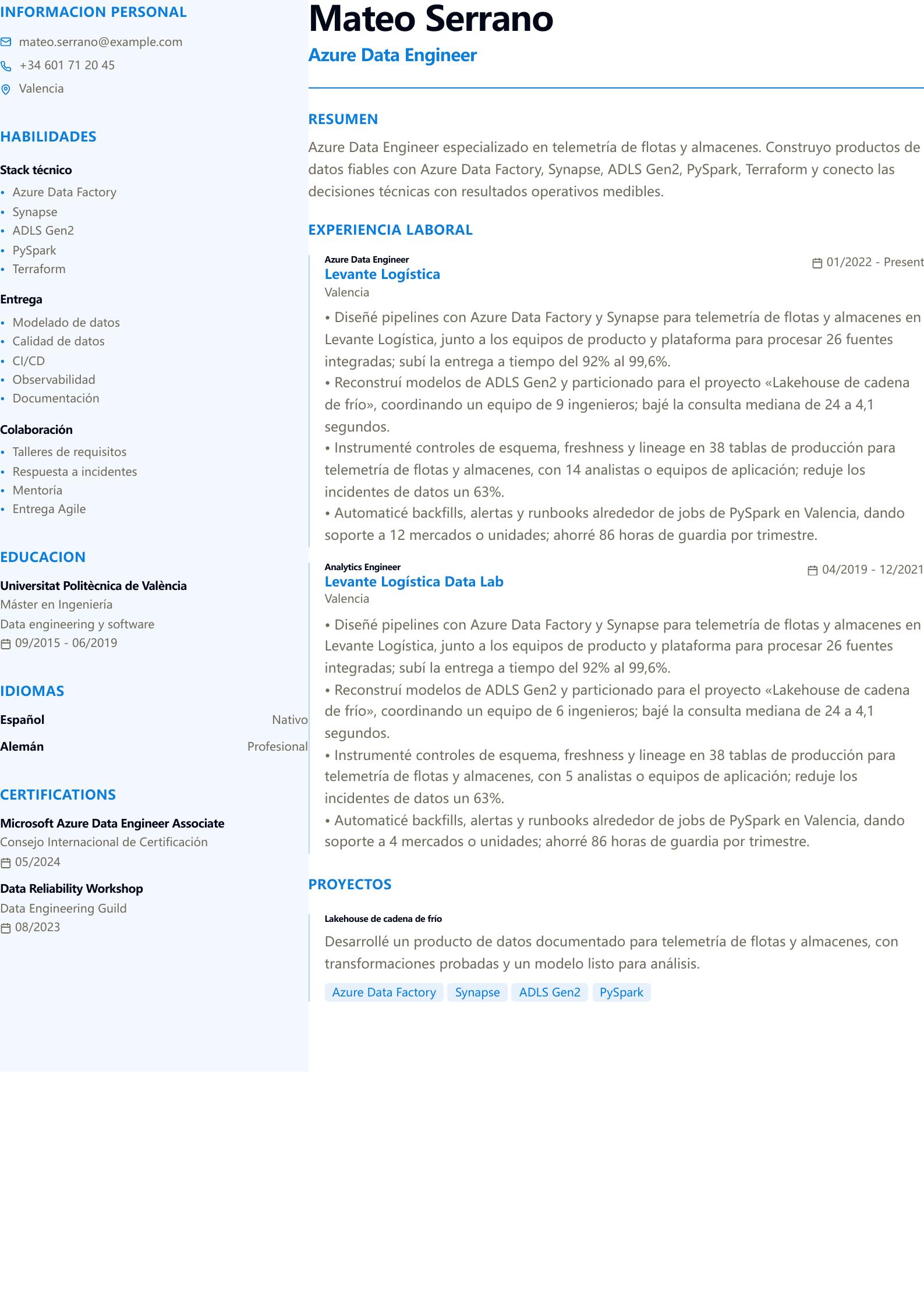 CV de Azure Data Engineer vista previa