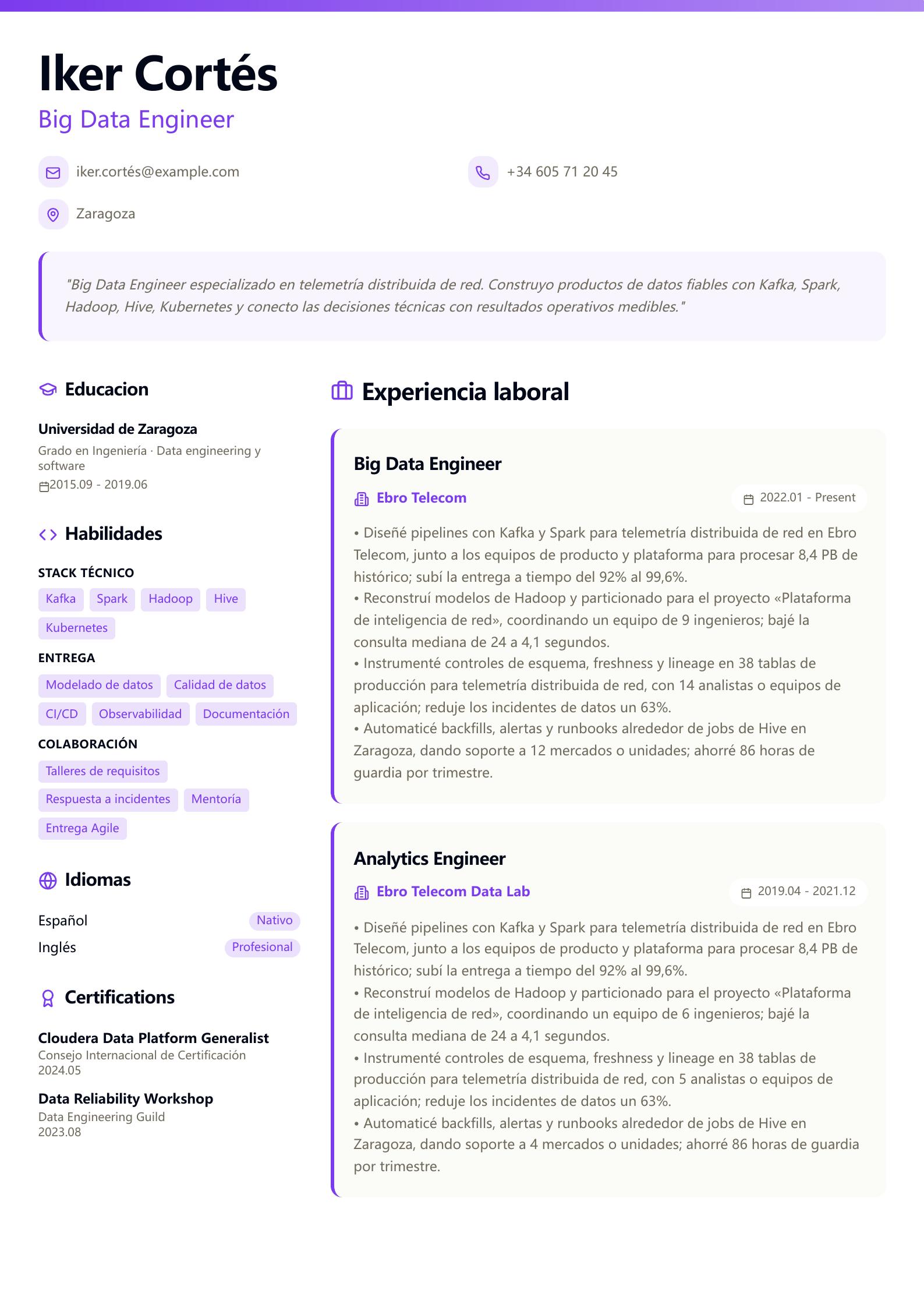 CV de Big Data Engineer vista previa