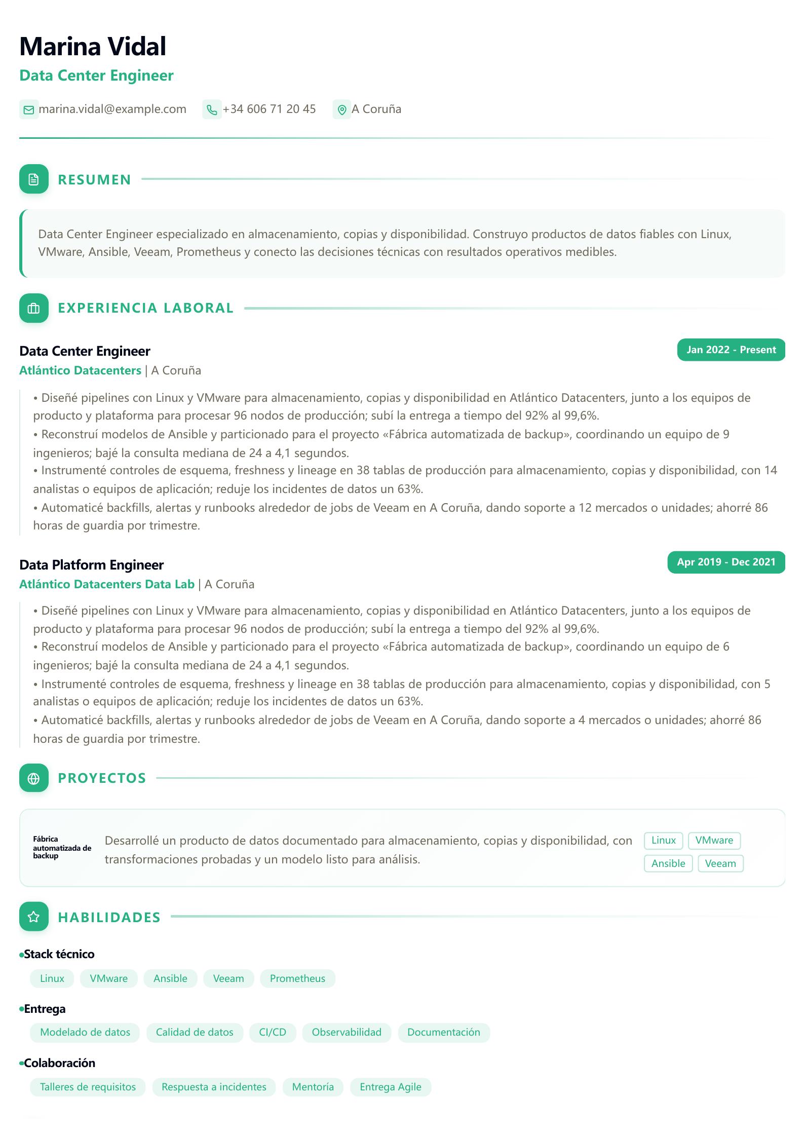 CV de Data Center Engineer vista previa