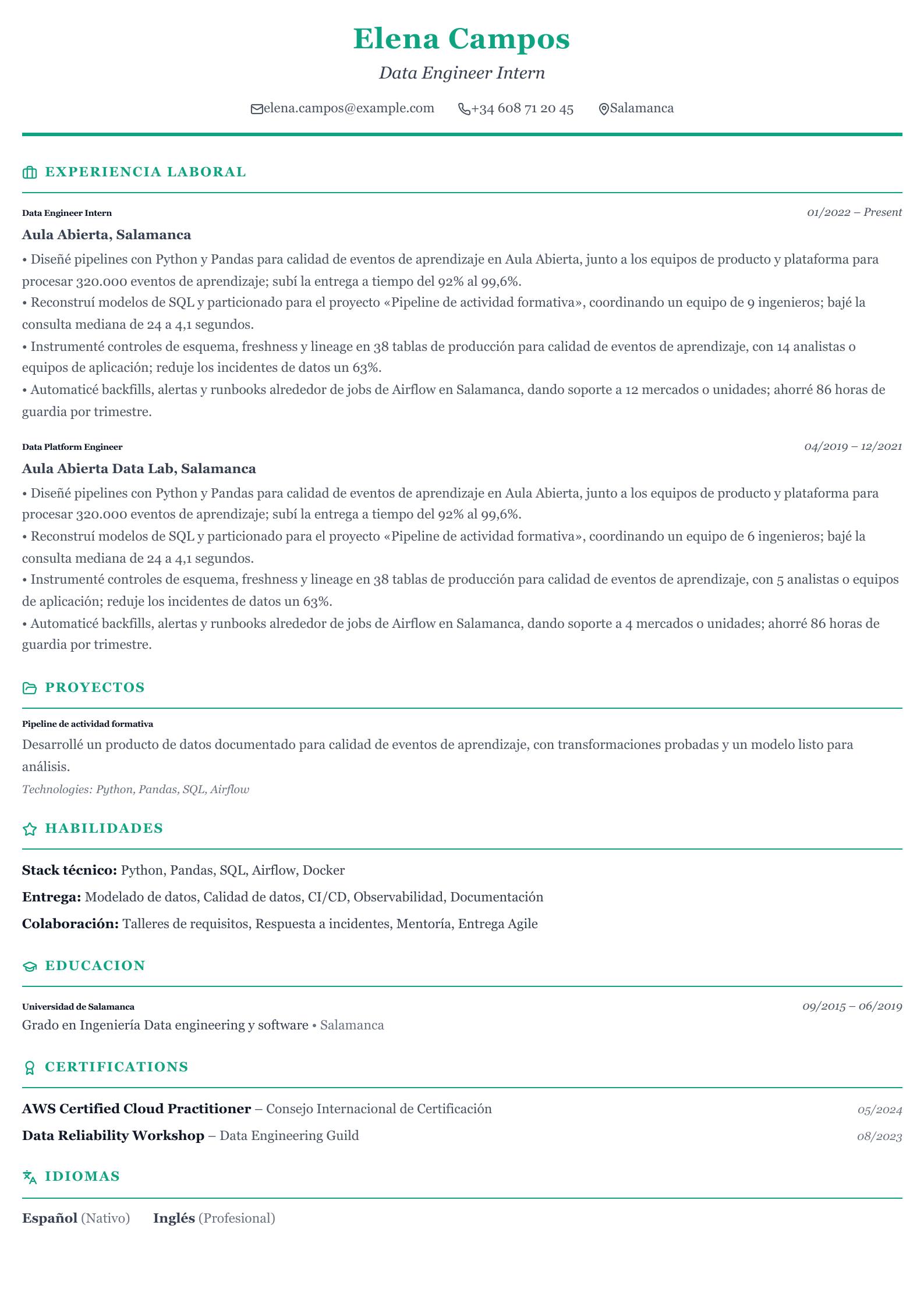 CV de prácticas de Data Engineer vista previa