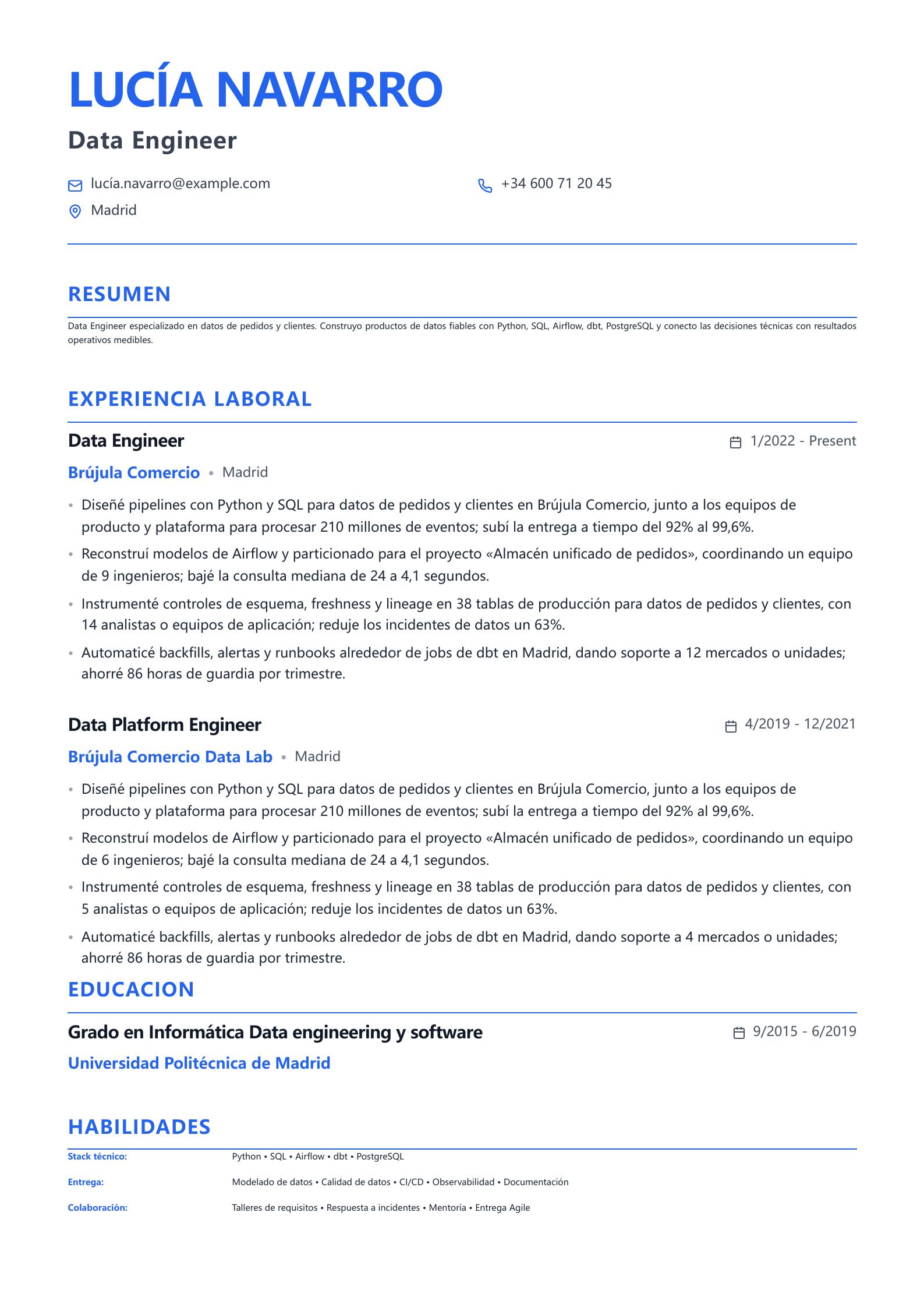 CV de Data Engineer vista previa