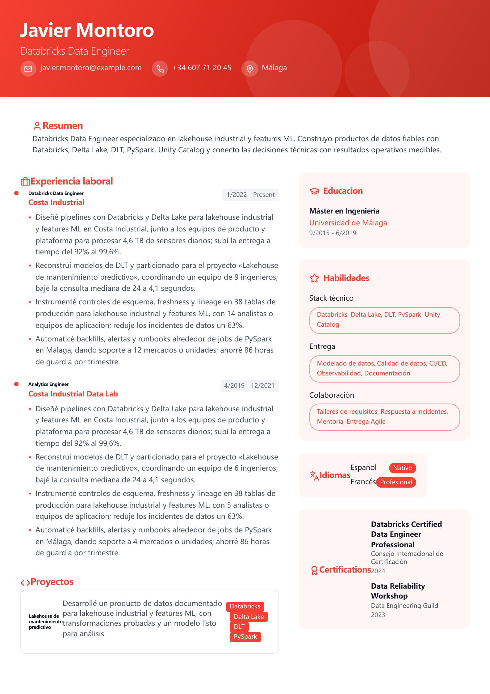 CV de Databricks Data Engineer vista previa