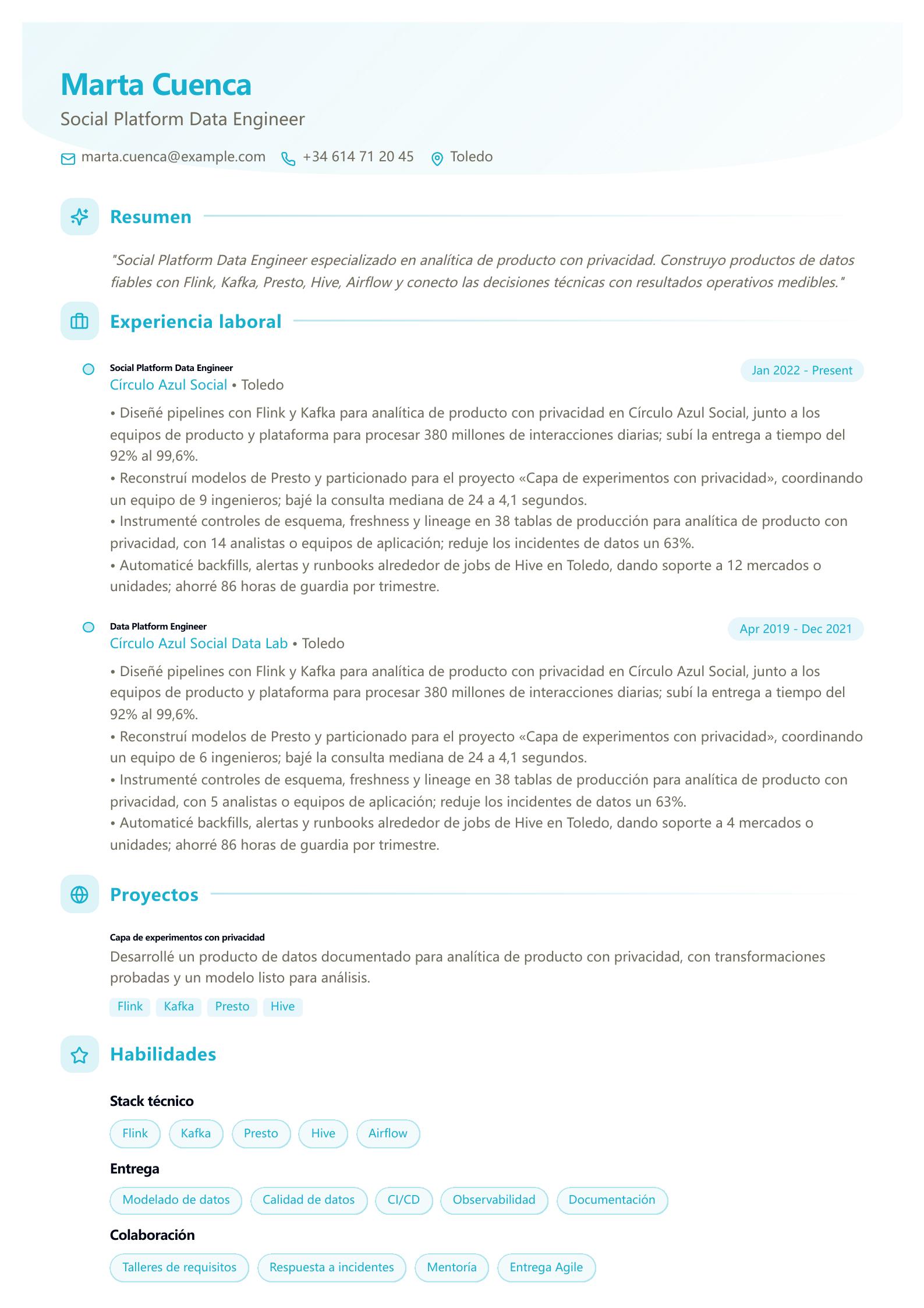 CV de Data Engineer de plataformas sociales vista previa