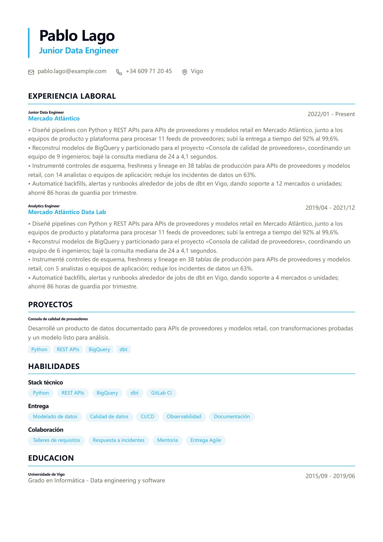 CV de Junior Data Engineer vista previa