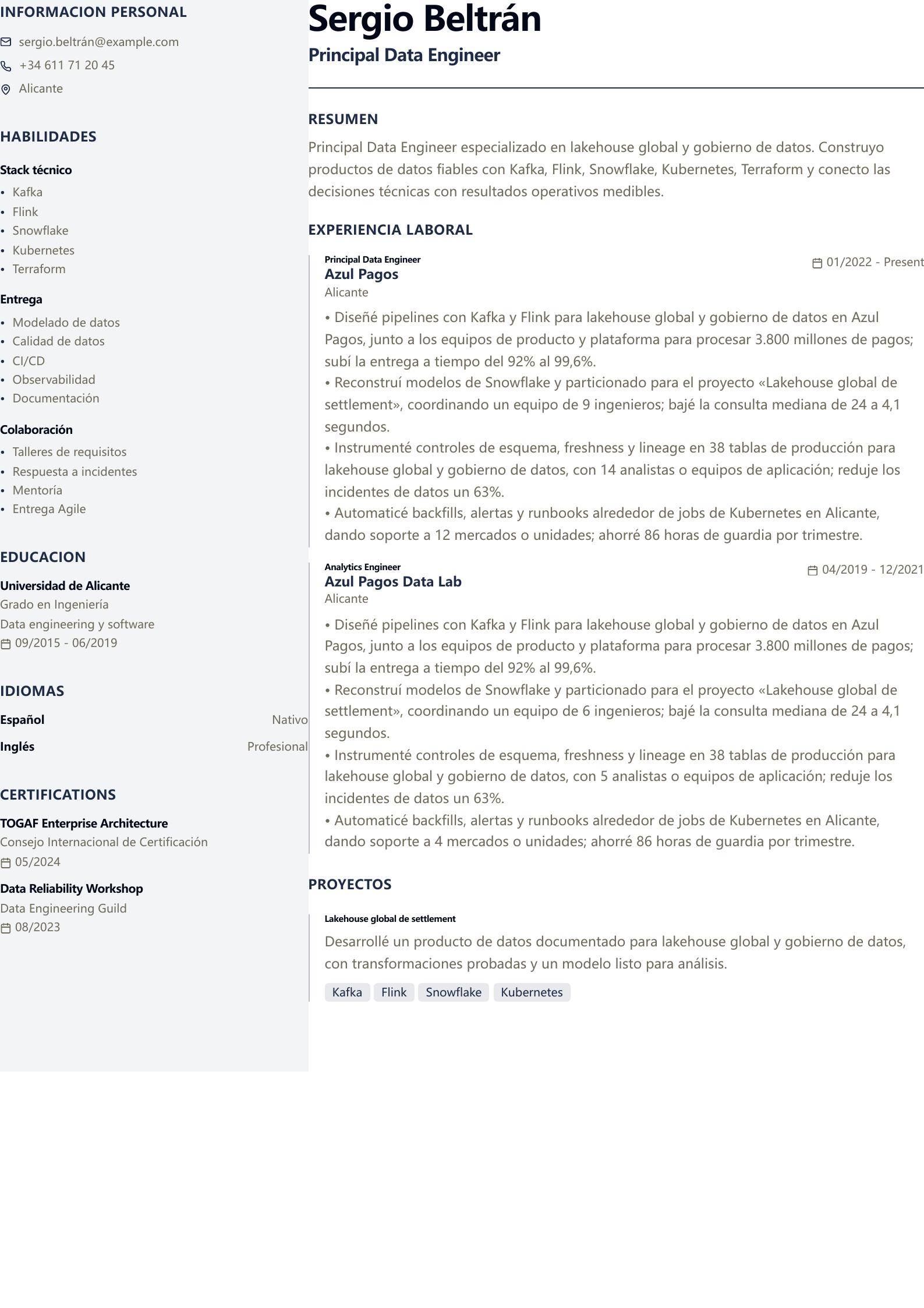 CV de Principal Data Engineer vista previa