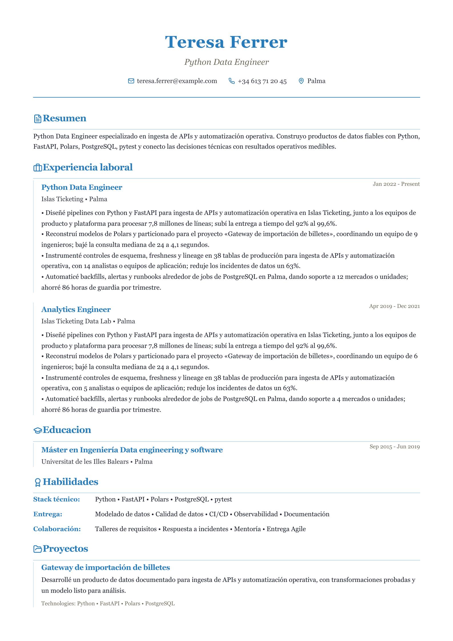 CV de Python Data Engineer vista previa