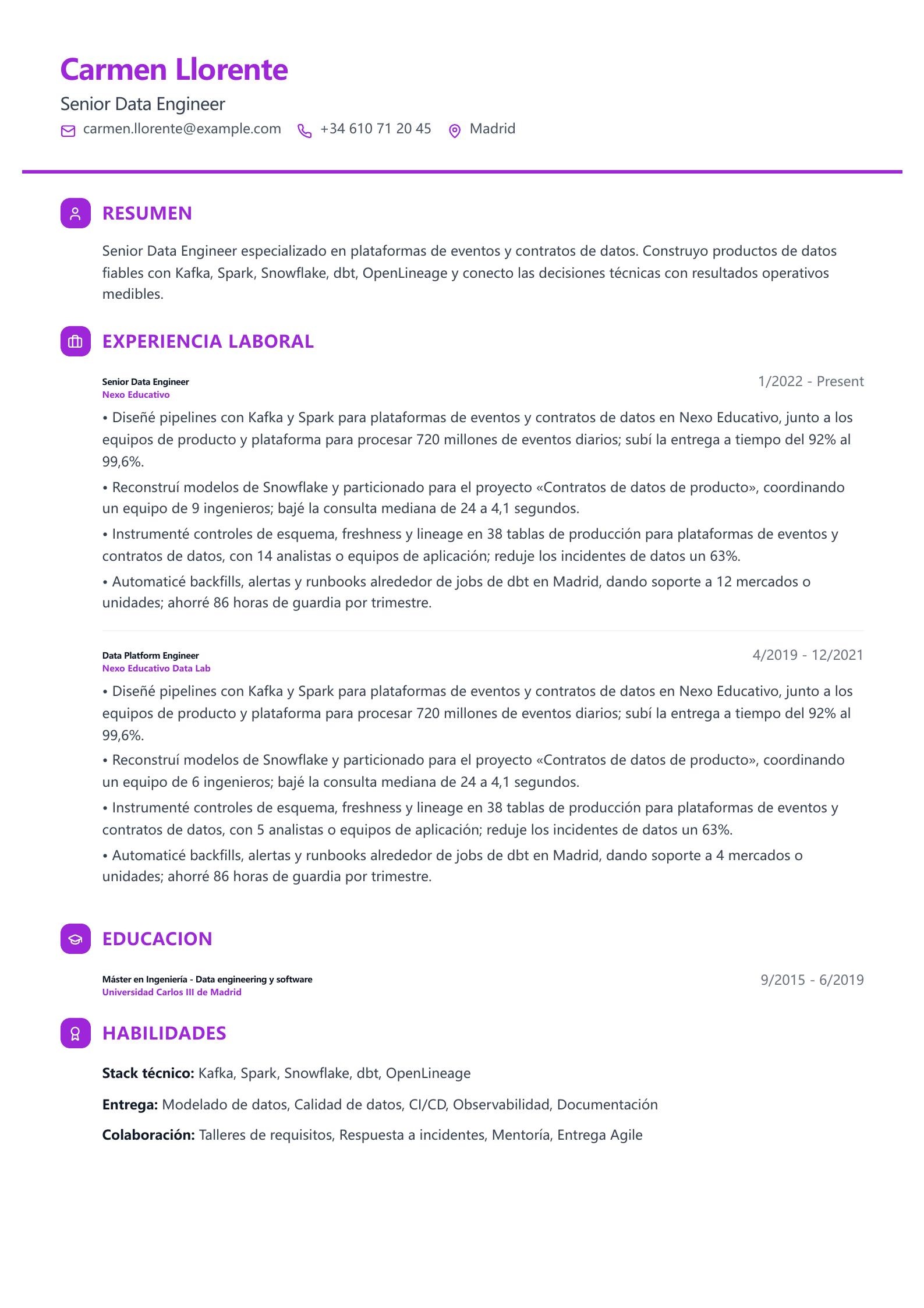 CV de Senior Data Engineer vista previa