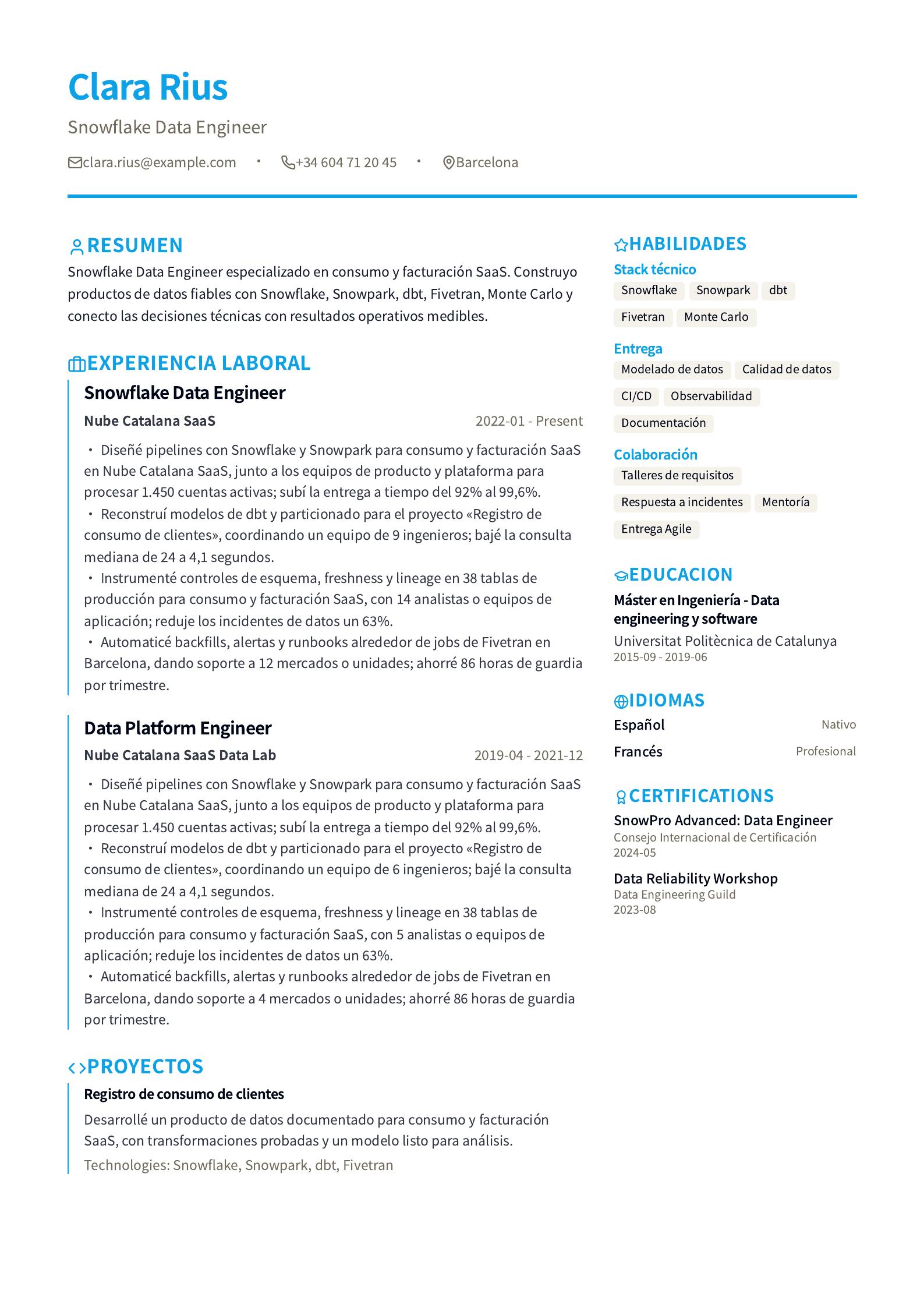 CV de Snowflake Data Engineer vista previa