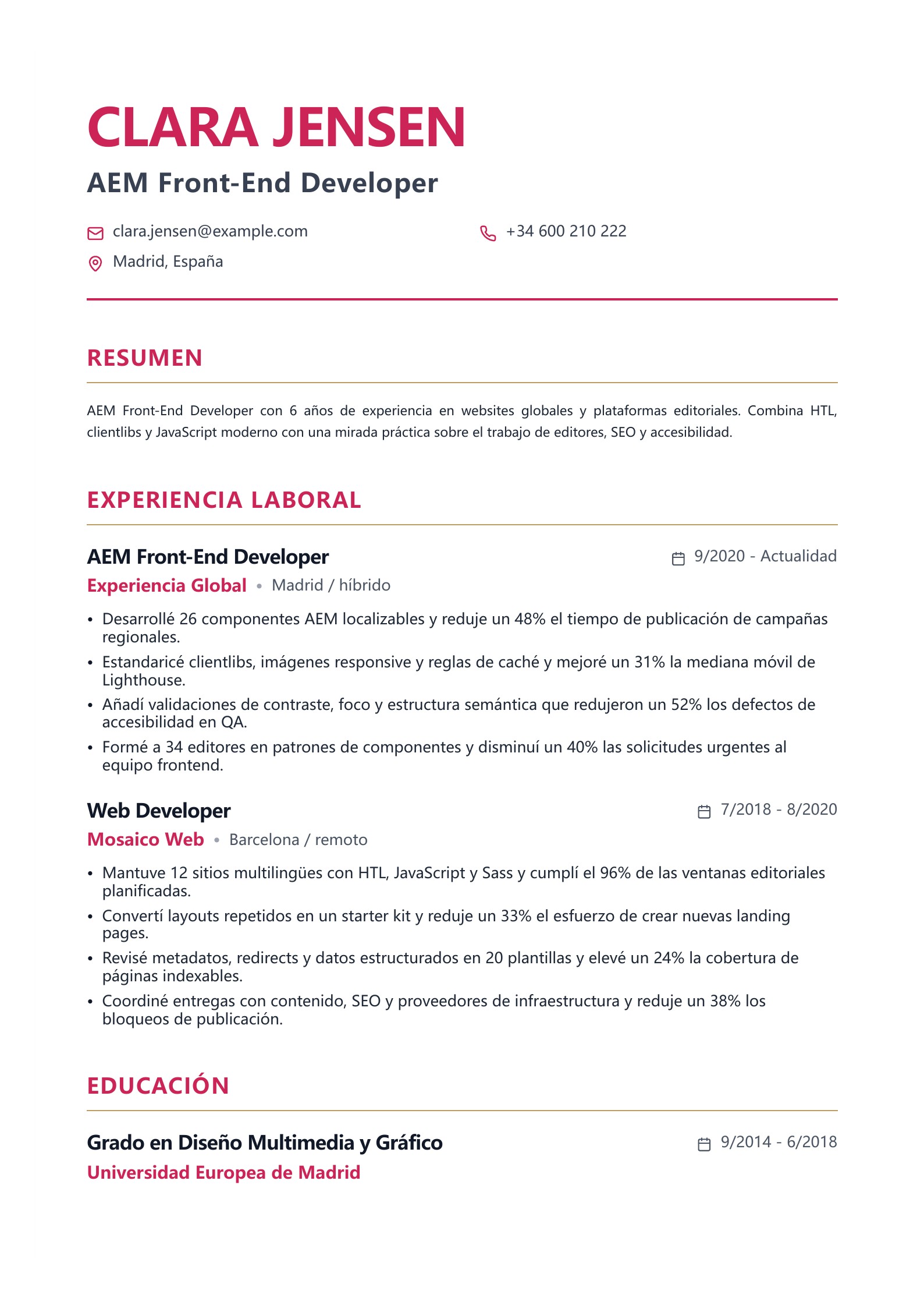 Vista previa de Ejemplos de currículum de Front-End Developer con descarga PDF gratis