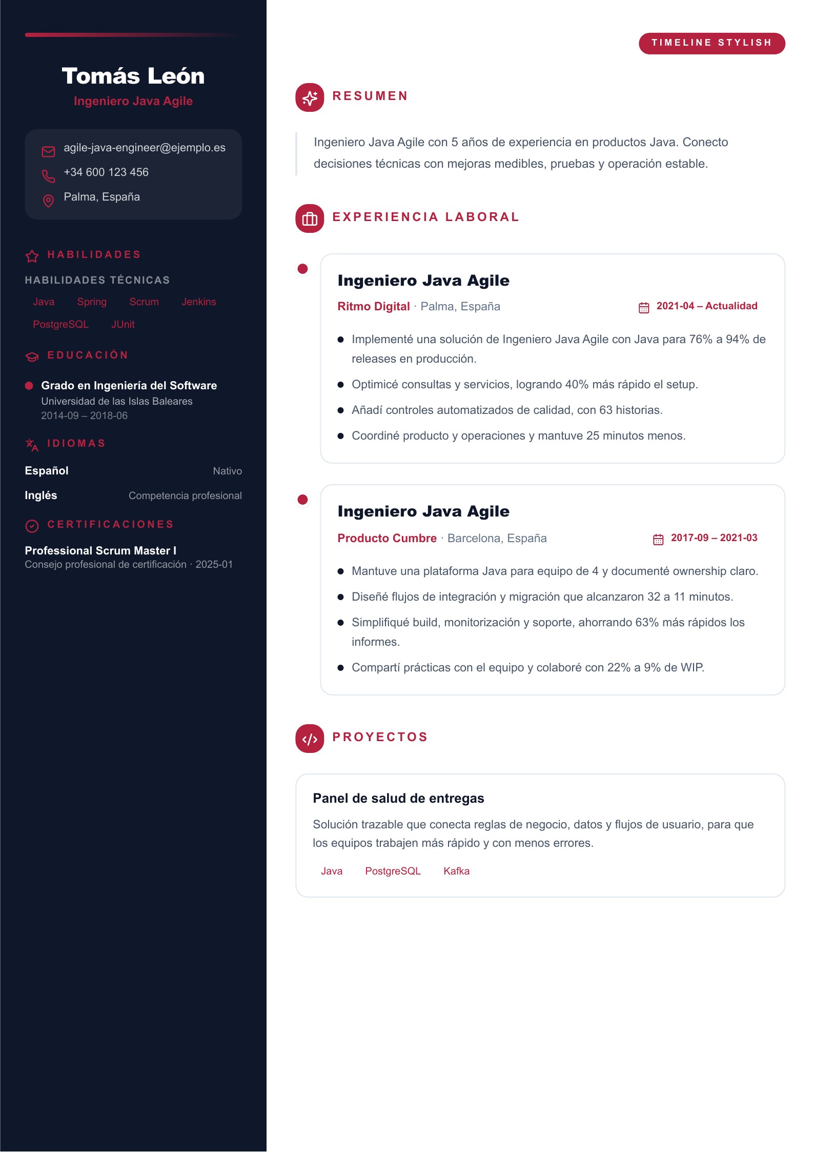 Vista previa de Ejemplos de currículum Java Developer con PDF descargable