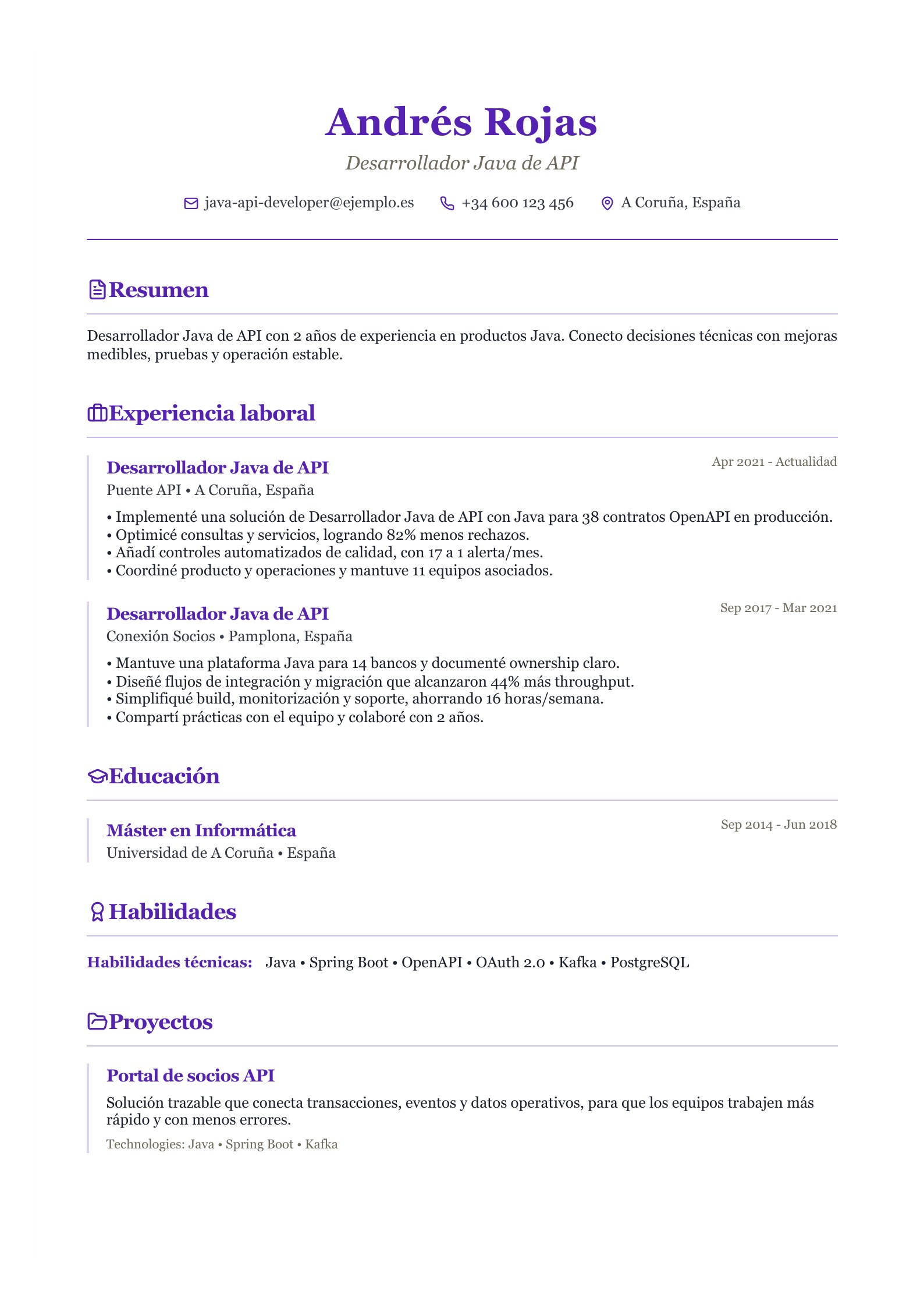 Currículum de Desarrollador Java de API - ejemplo en español