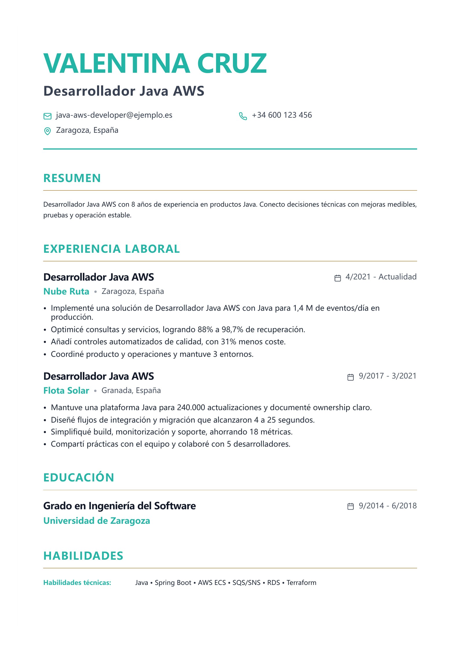 Currículum de Desarrollador Java AWS - ejemplo en español