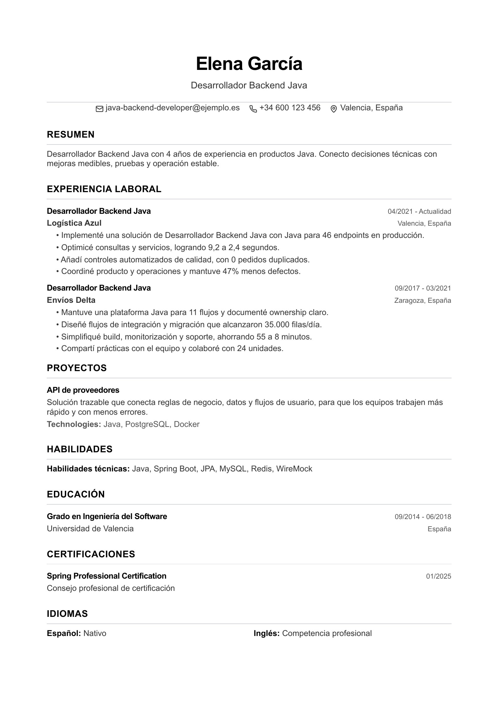 Currículum de Desarrollador Backend Java - ejemplo en español
