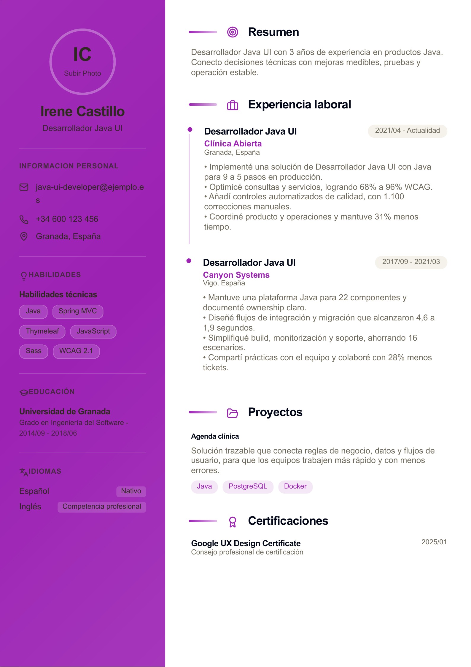 Currículum de Desarrollador Java UI - ejemplo en español