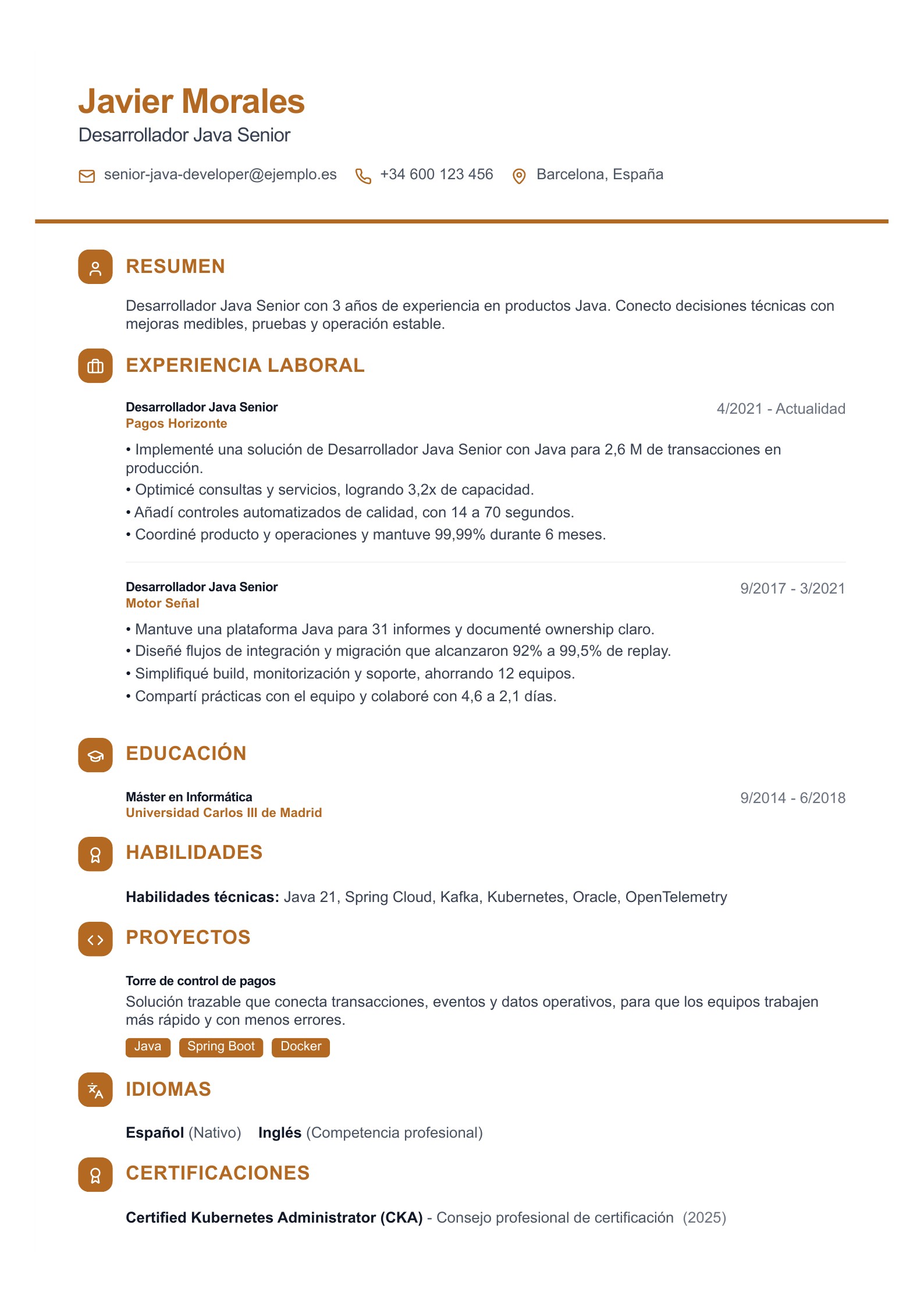 Currículum de Desarrollador Java Senior - ejemplo en español