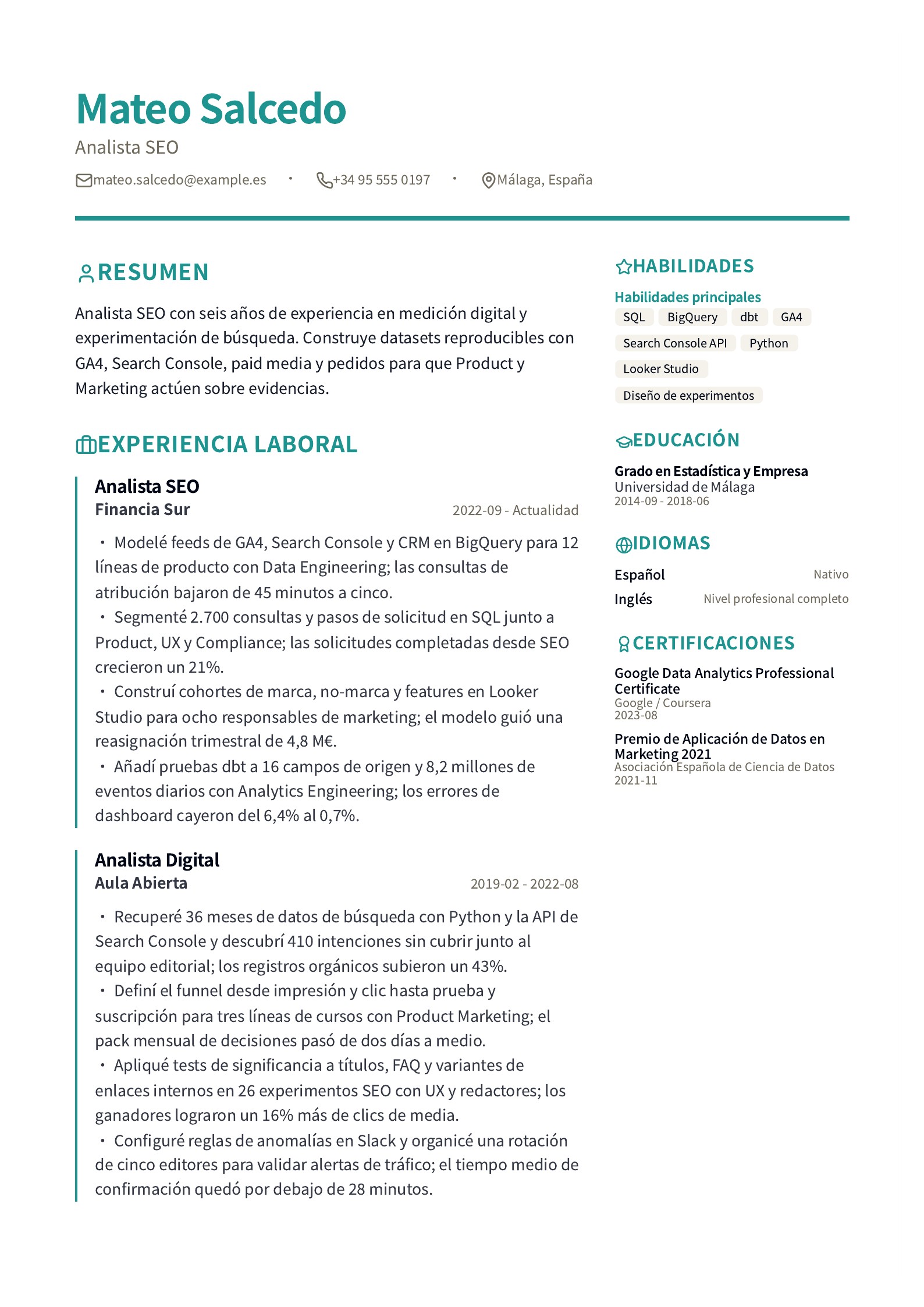Vista previa de Ejemplos de currículum SEO con plantillas PDF gratis